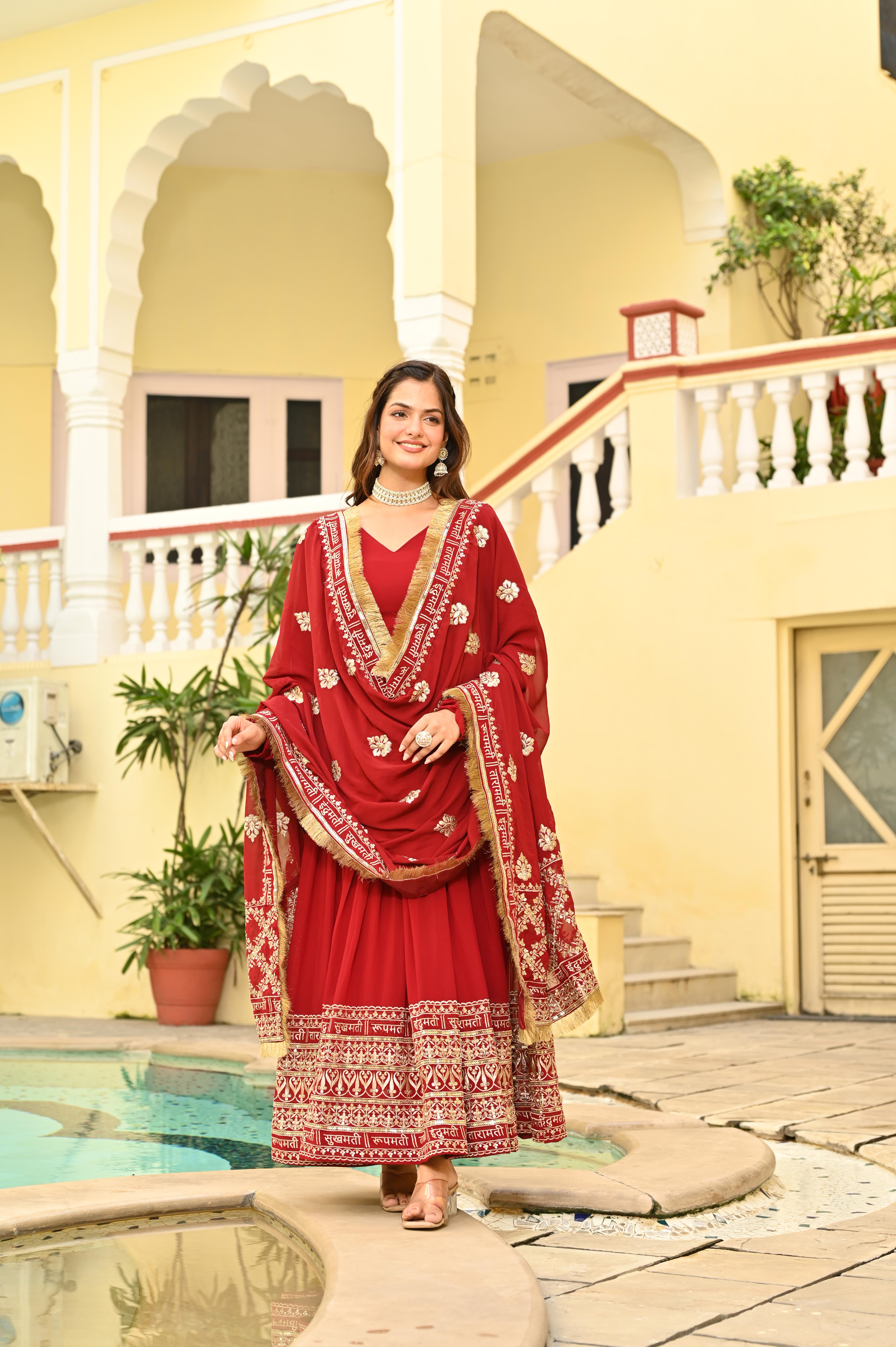 Karvachauth Special Red Designer Gown with Embroidered Dupatta – Premium Readymade Collection