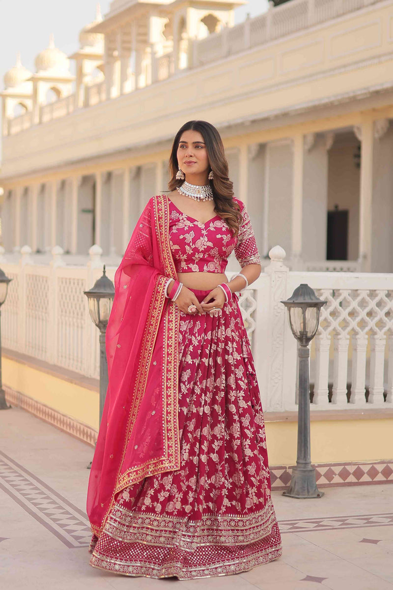 Buy Candy Pink Lehenga Choli With Woven Moroccan Jaal And Red Brocade  Dupatta