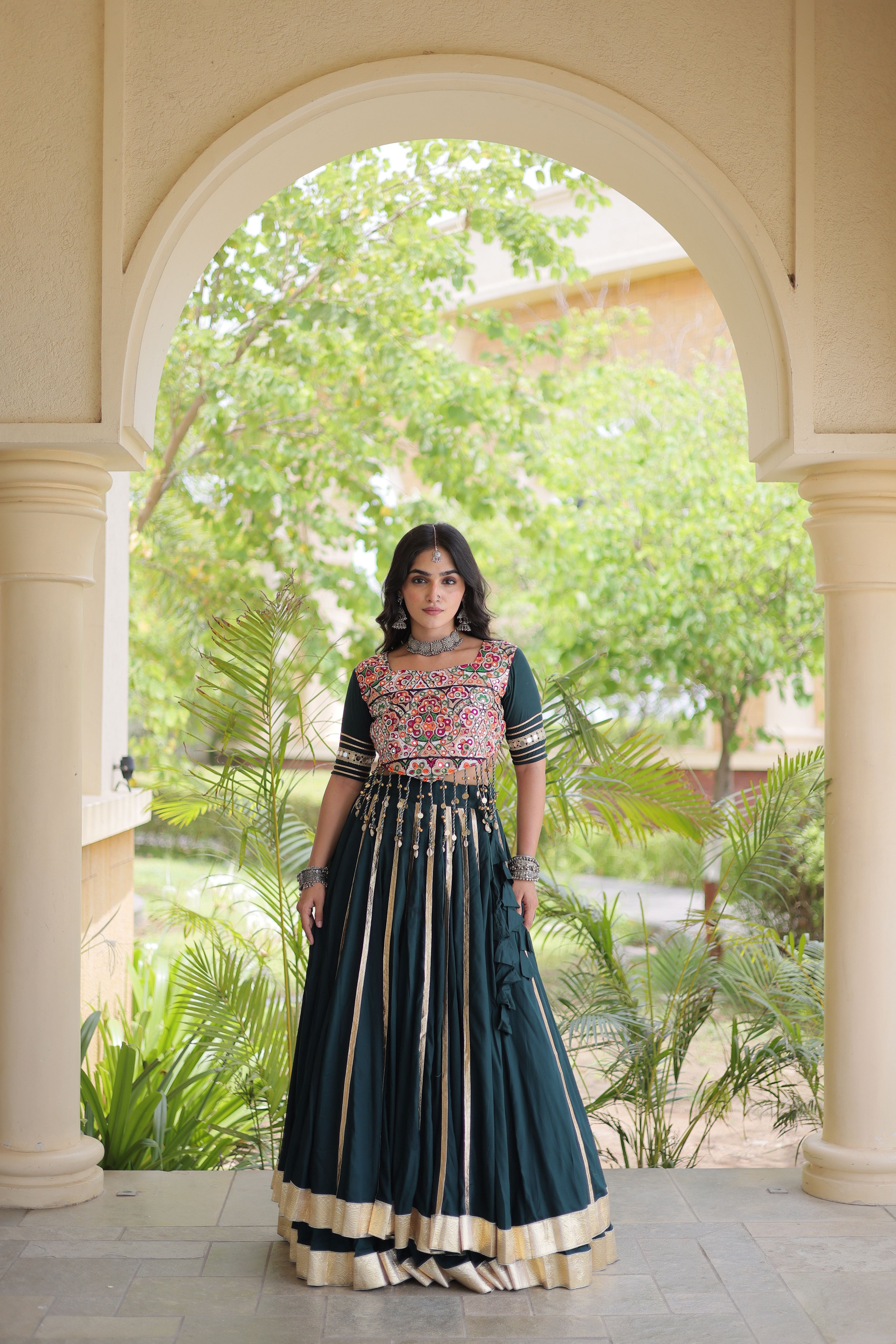 Bottle Green Rayon Lehenga Choli with Gota Patti & Gamthi Mirror Work