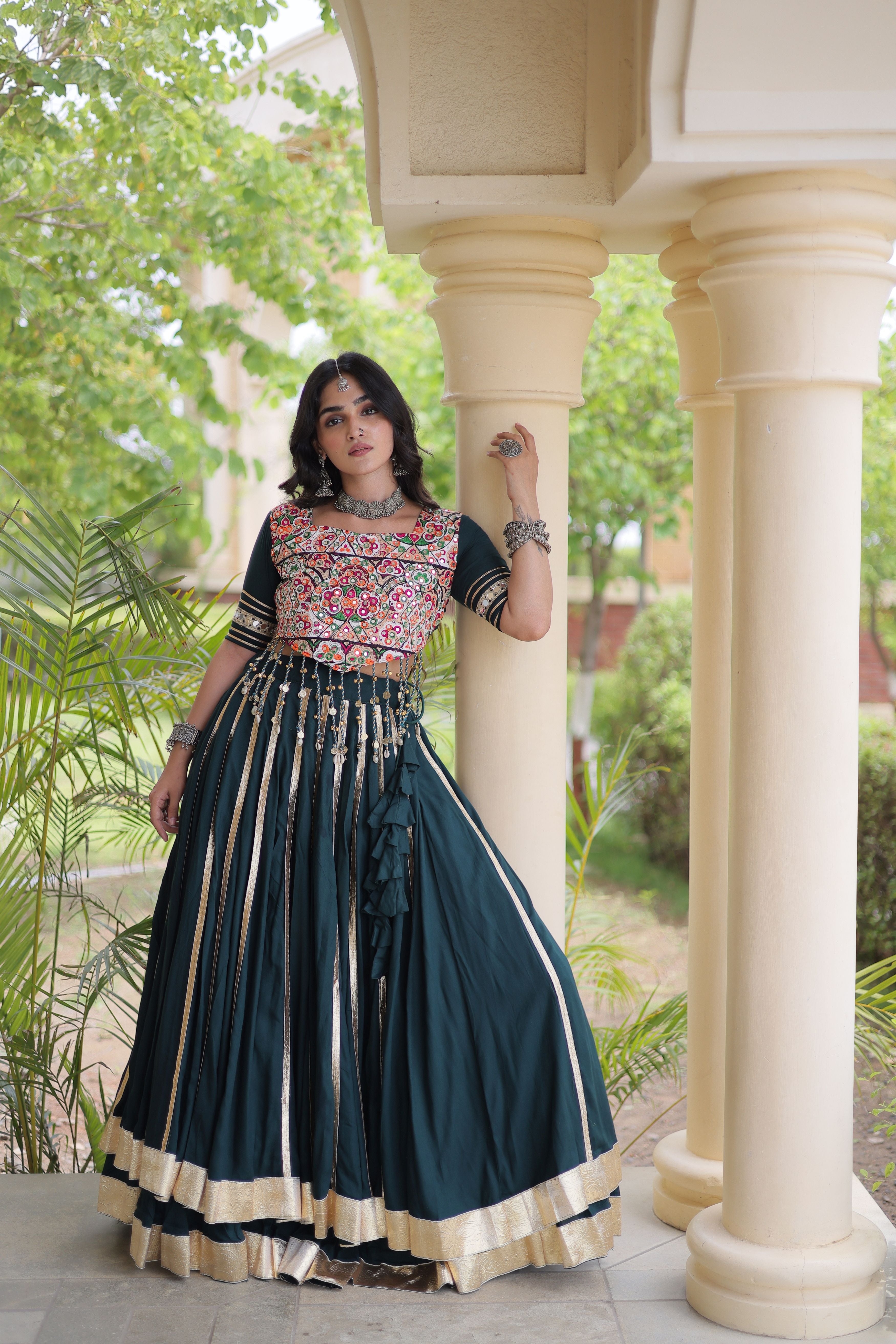 Bottle Green Rayon Lehenga Choli with Gota Patti & Gamthi Mirror Work