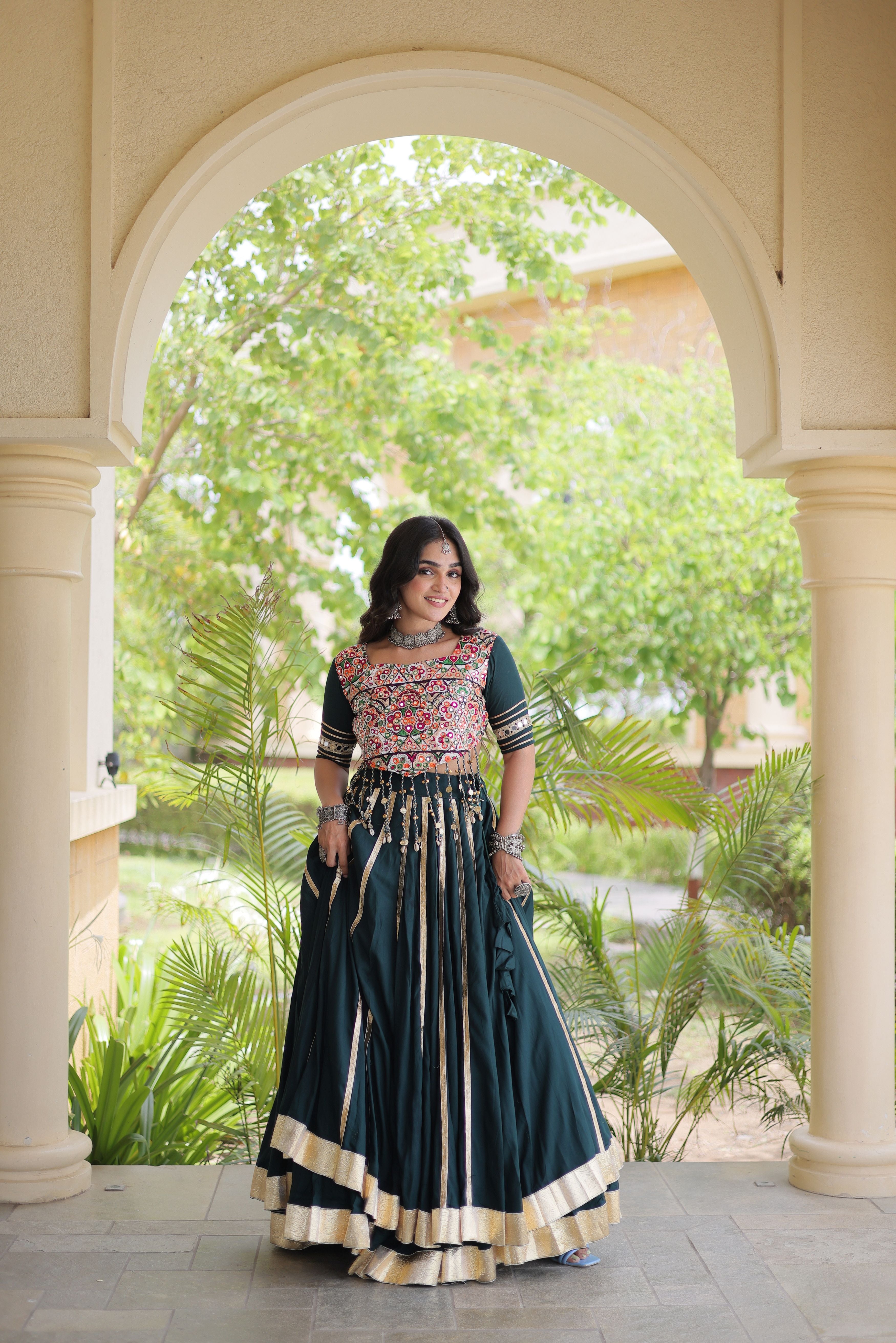 Bottle Green Rayon Lehenga Choli with Gota Patti & Gamthi Mirror Work