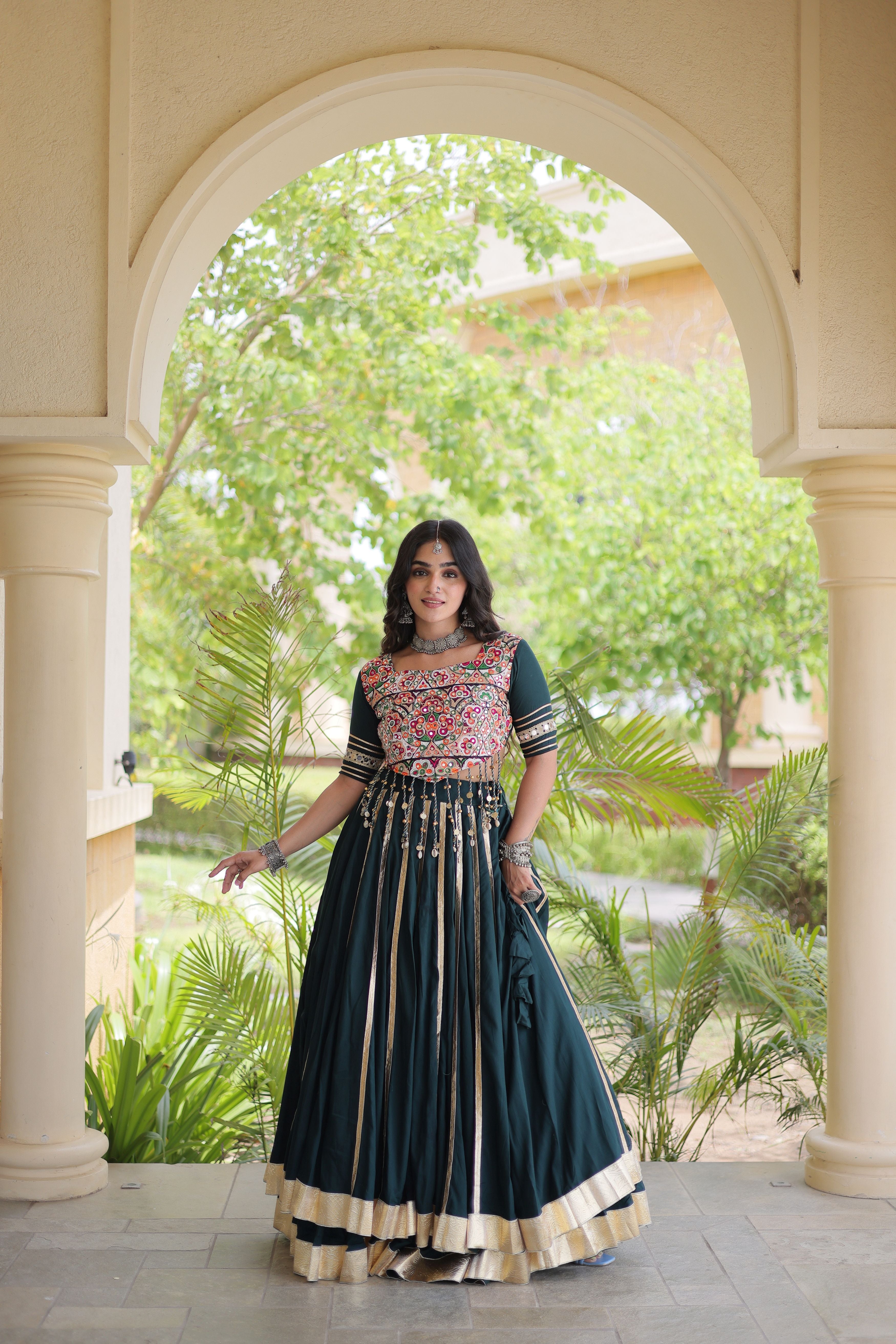 Bottle Green Rayon Lehenga Choli with Gota Patti & Gamthi Mirror Work