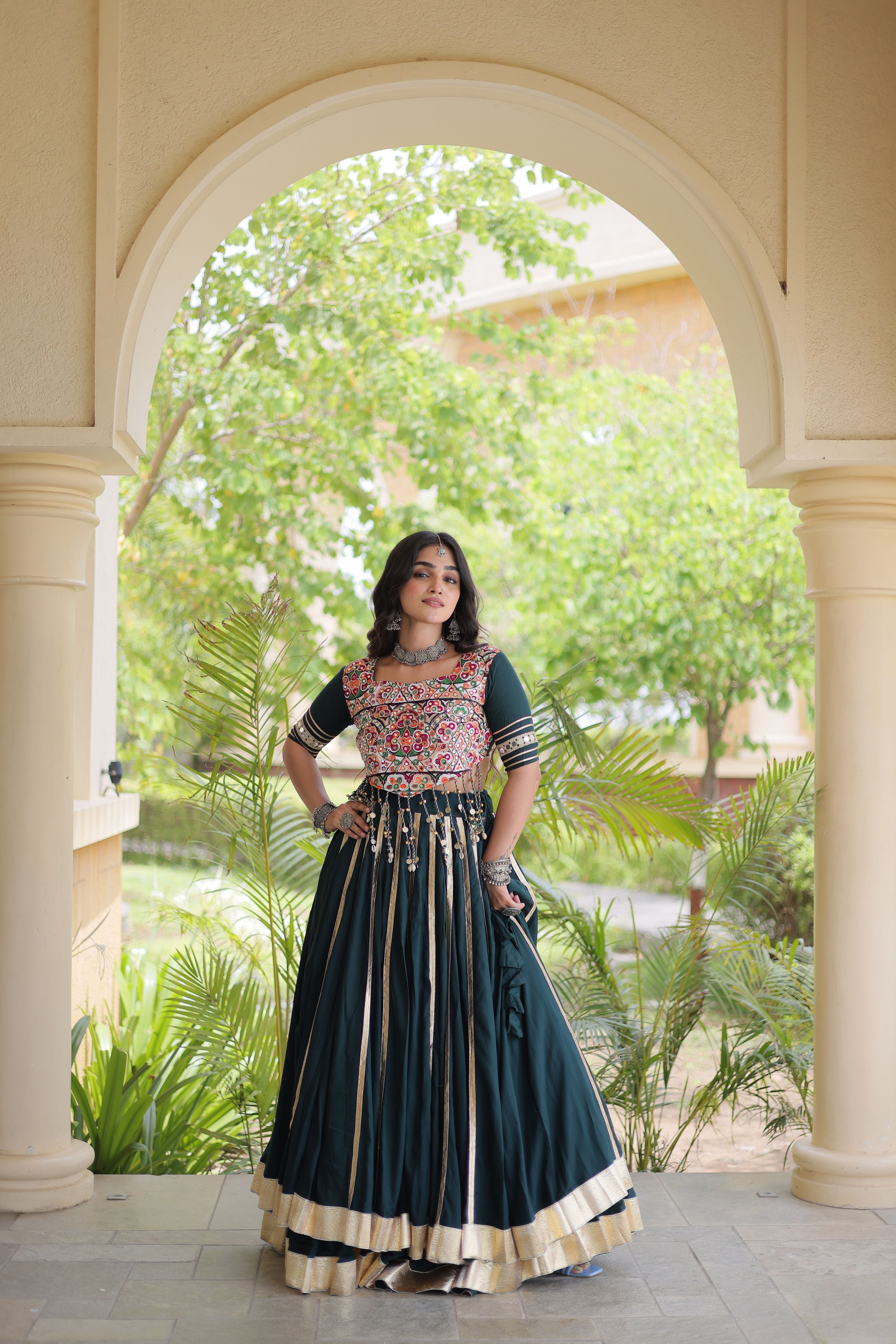 Bottle Green Rayon Lehenga Choli with Gota Patti & Gamthi Mirror Work