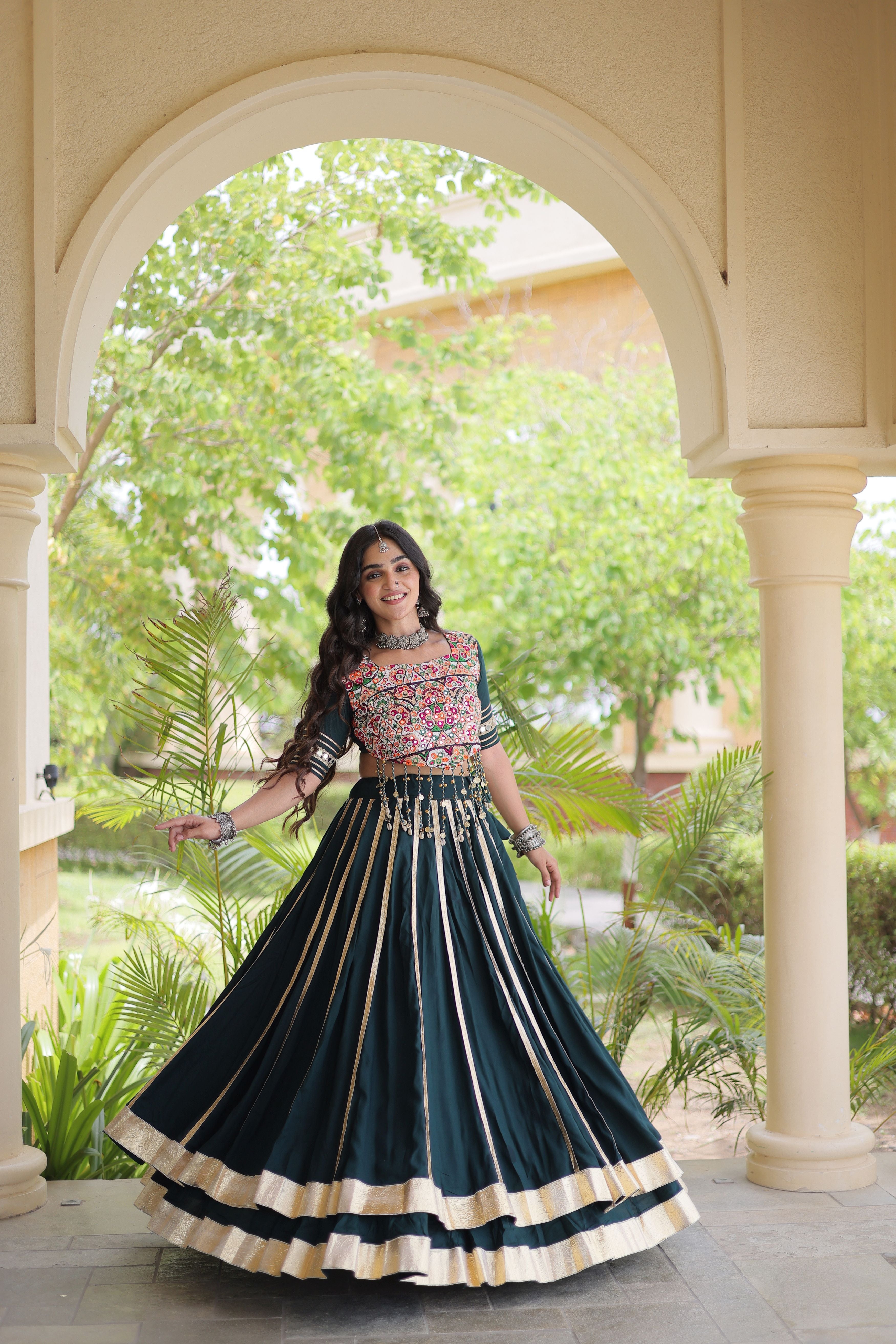 Bottle Green Rayon Lehenga Choli with Gota Patti & Gamthi Mirror Work