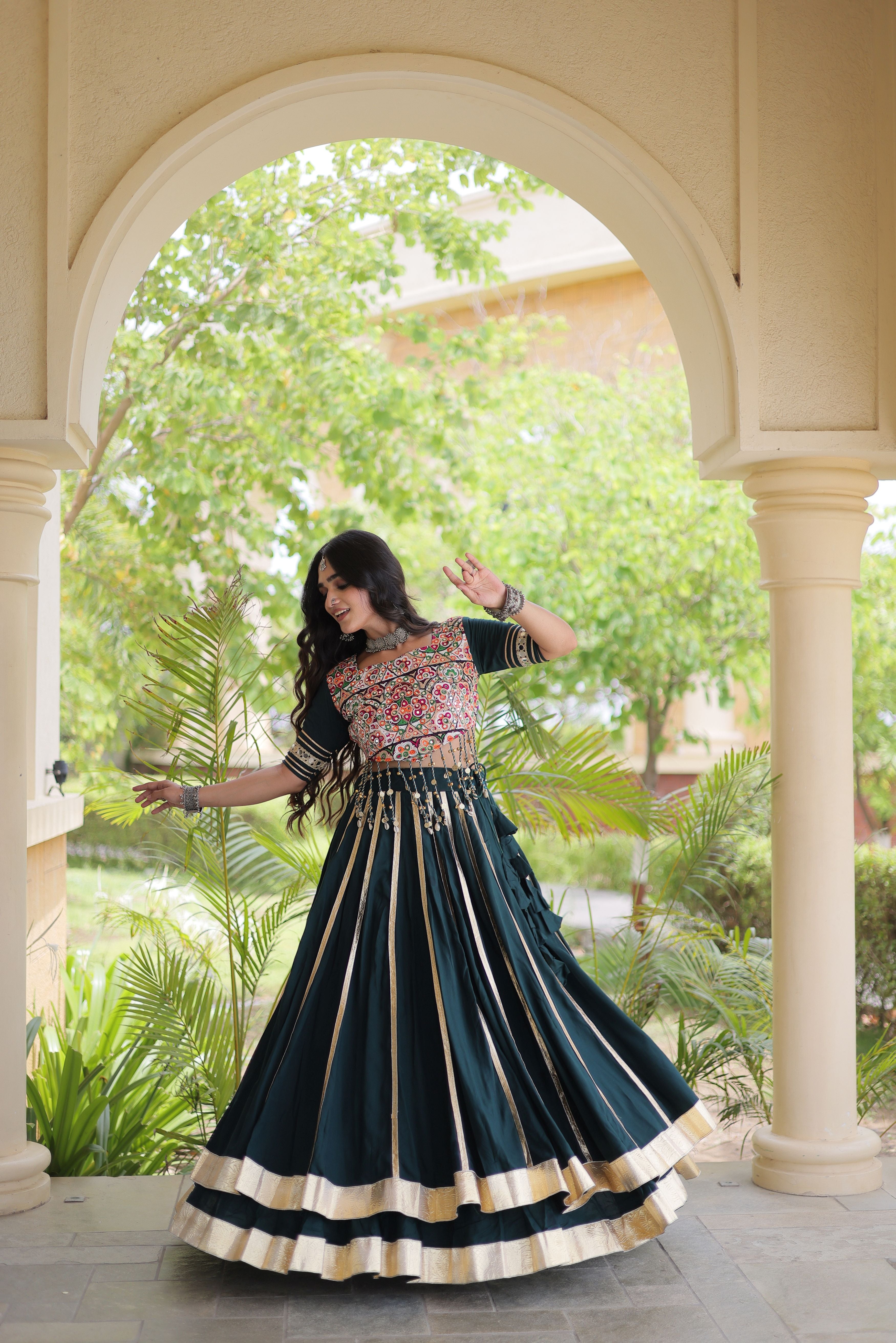 Bottle Green Rayon Lehenga Choli with Gota Patti & Gamthi Mirror Work