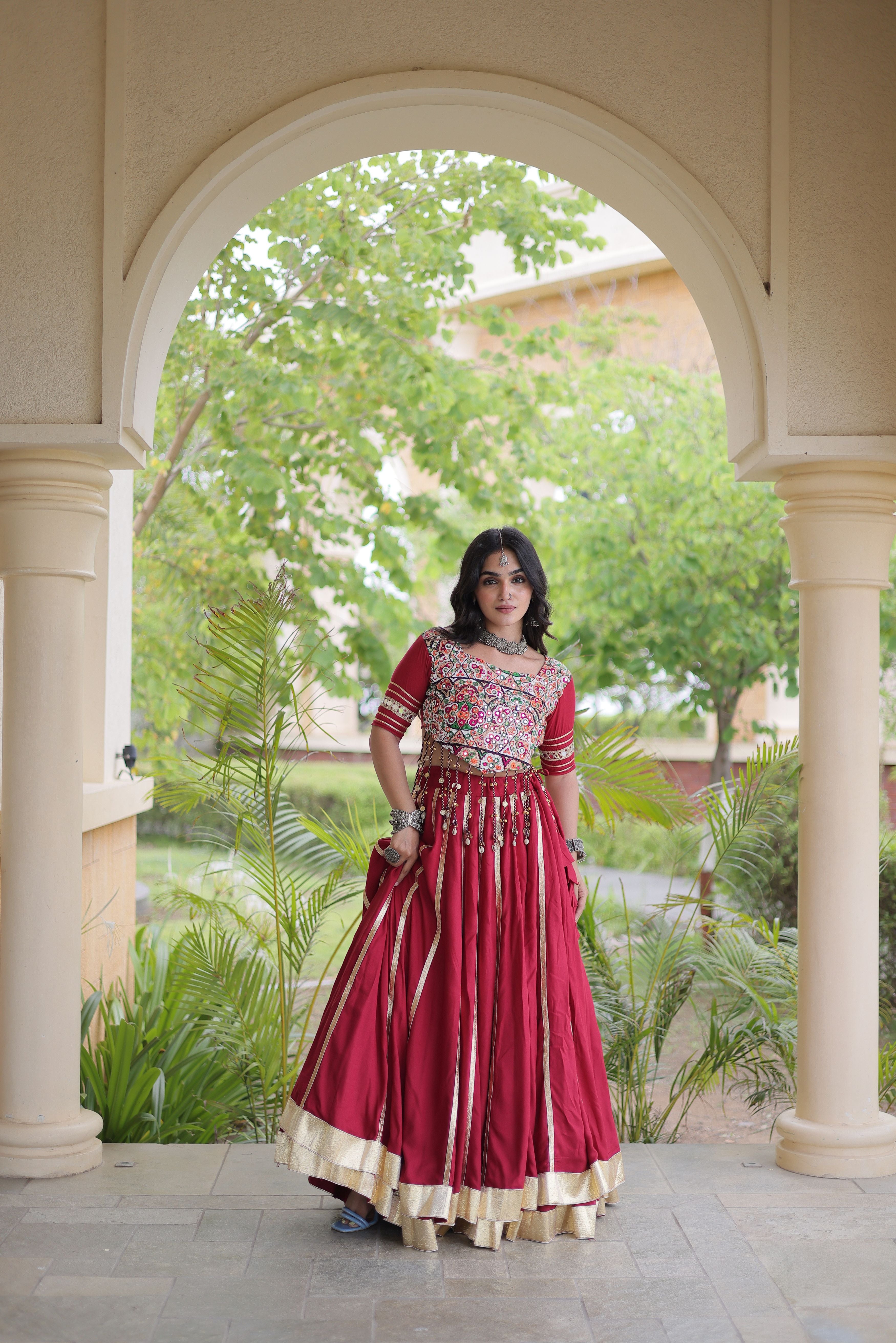 Maroon Rayon Lehenga Choli with Gota Patti & Gamthi Mirror Work