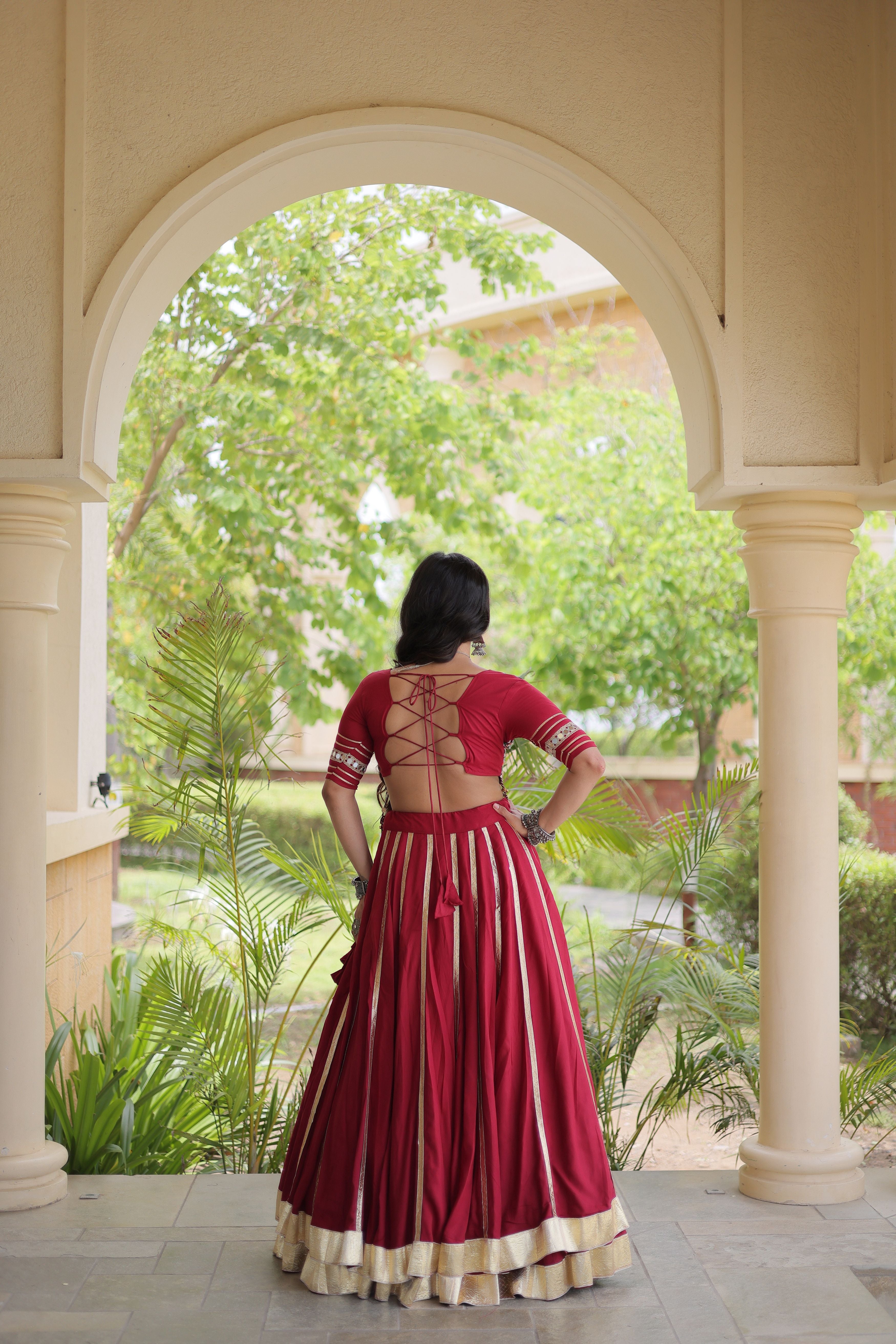Maroon Rayon Lehenga Choli with Gota Patti & Gamthi Mirror Work