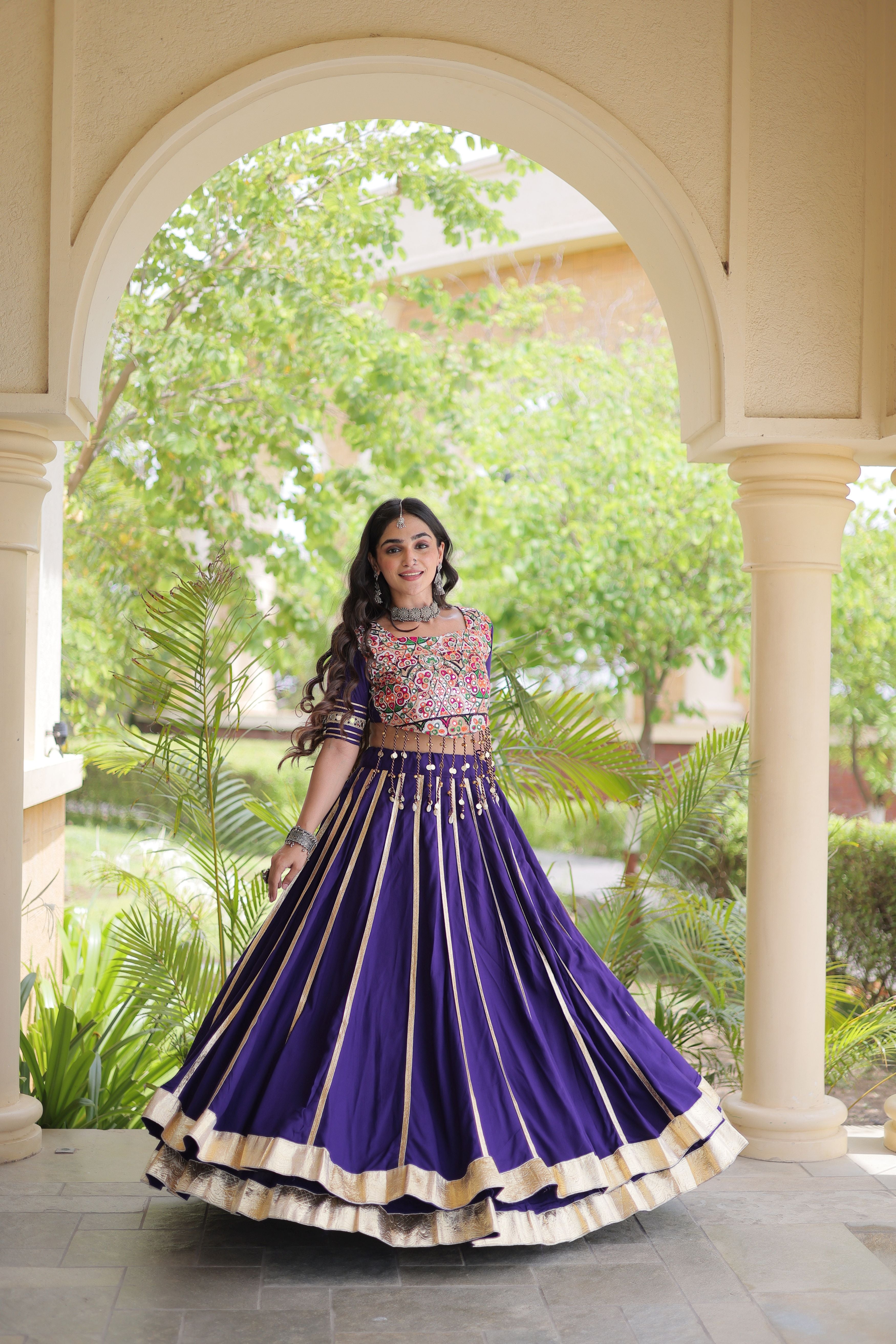 Purple Rayon Lehenga Choli with Gota Patti & Gamthi Mirror Work