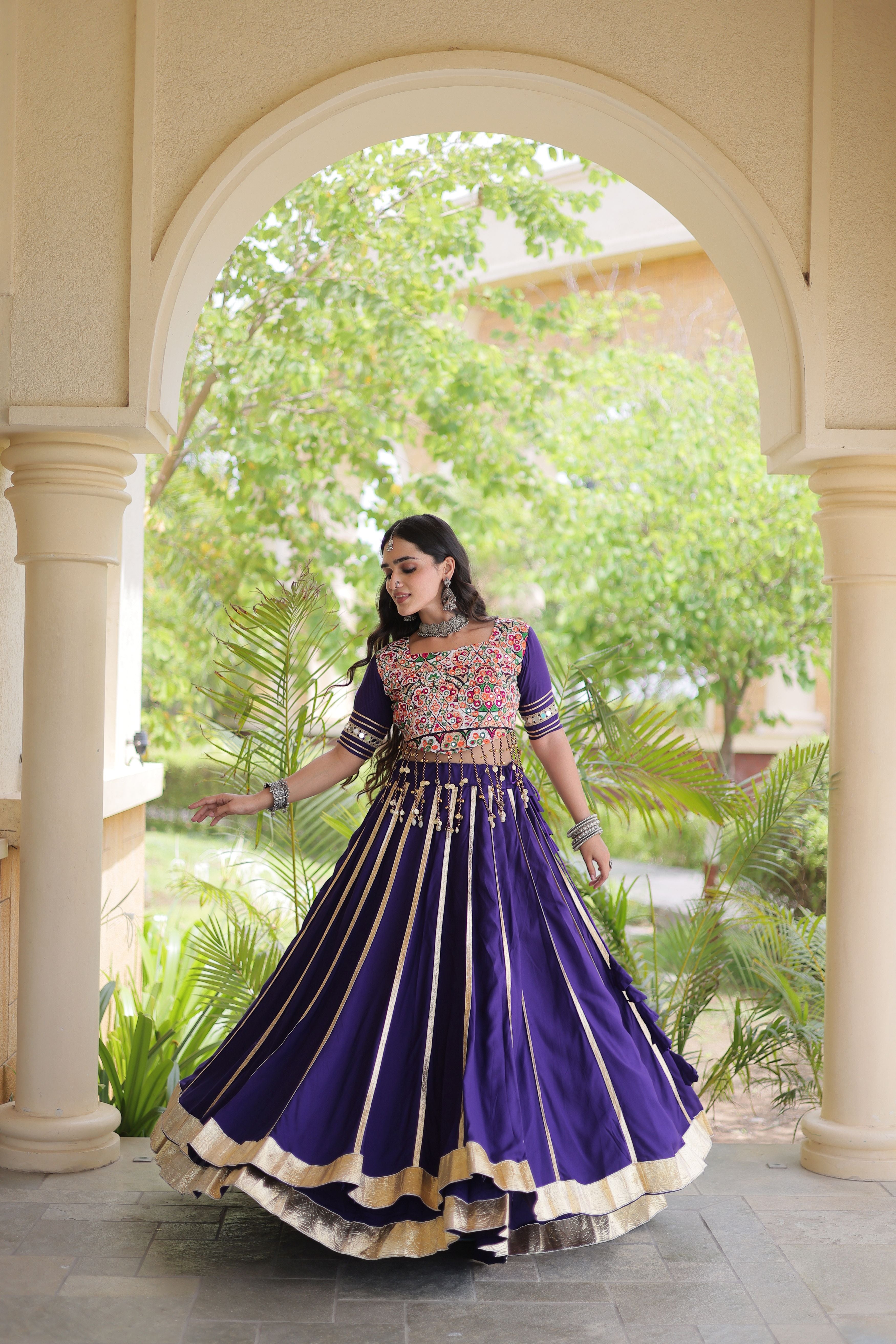 Purple Rayon Lehenga Choli with Gota Patti & Gamthi Mirror Work
