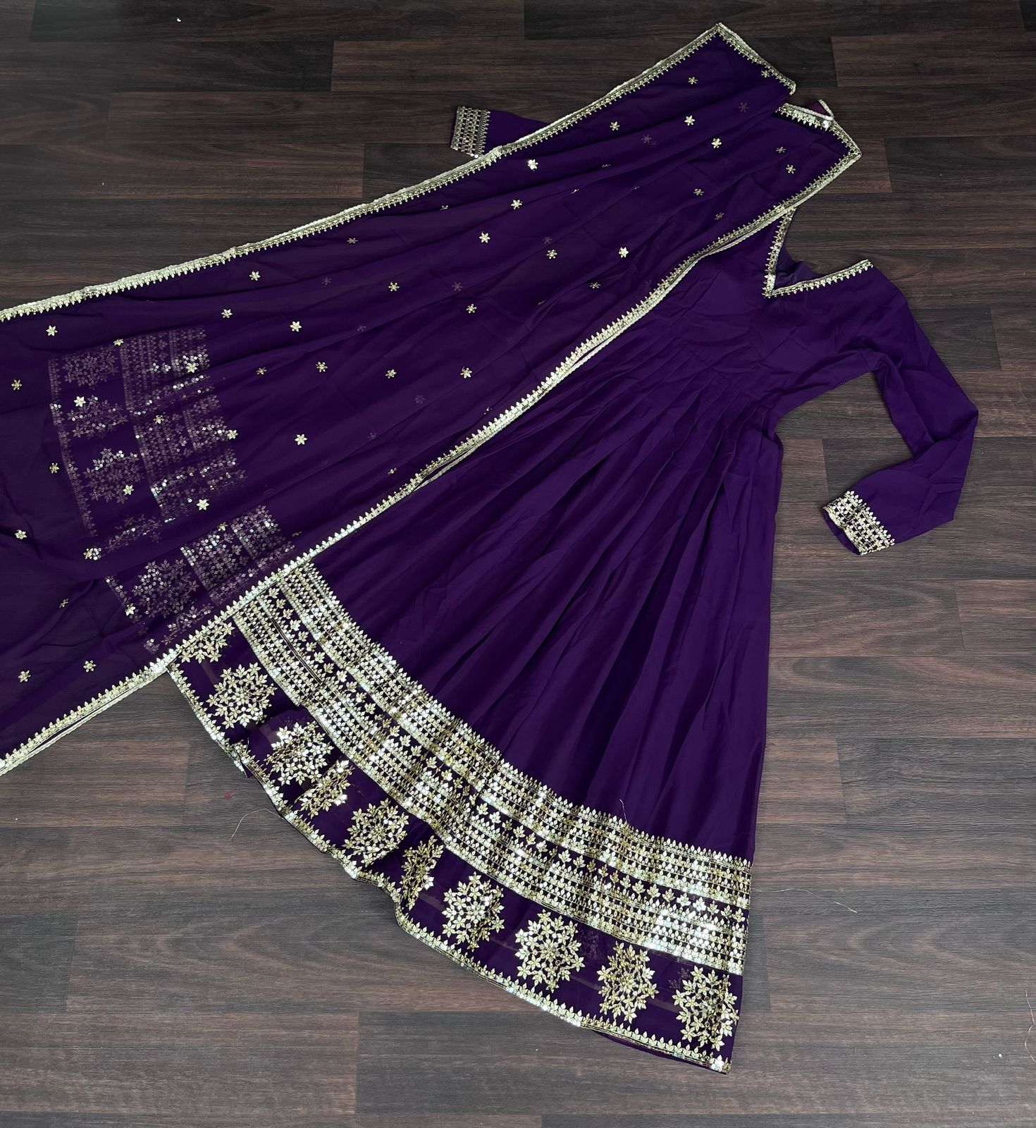 V-Neck Purple Sequins Gown & Dupatta