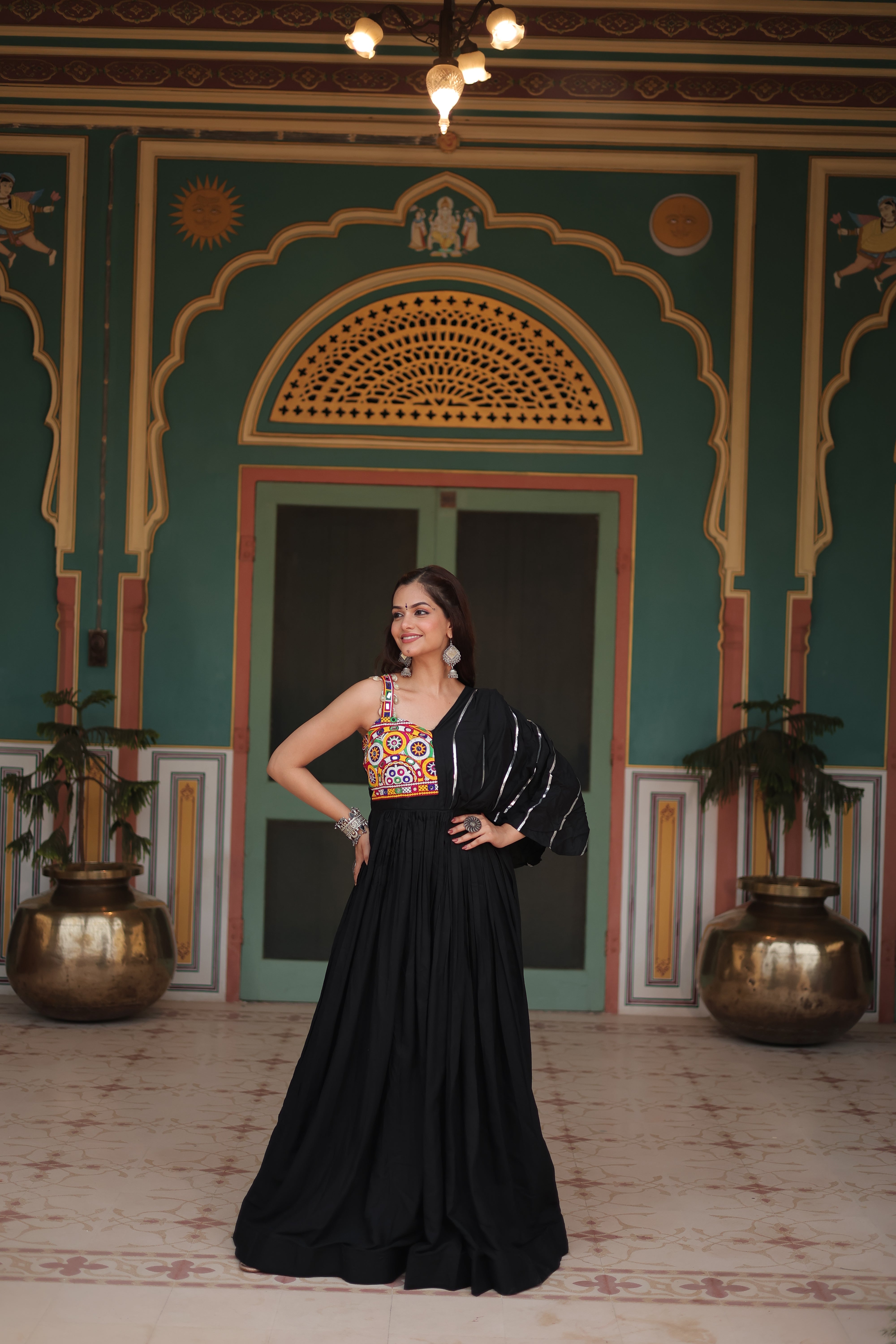 Black Navratri Pattered Fancy Sleeves Gown Dress