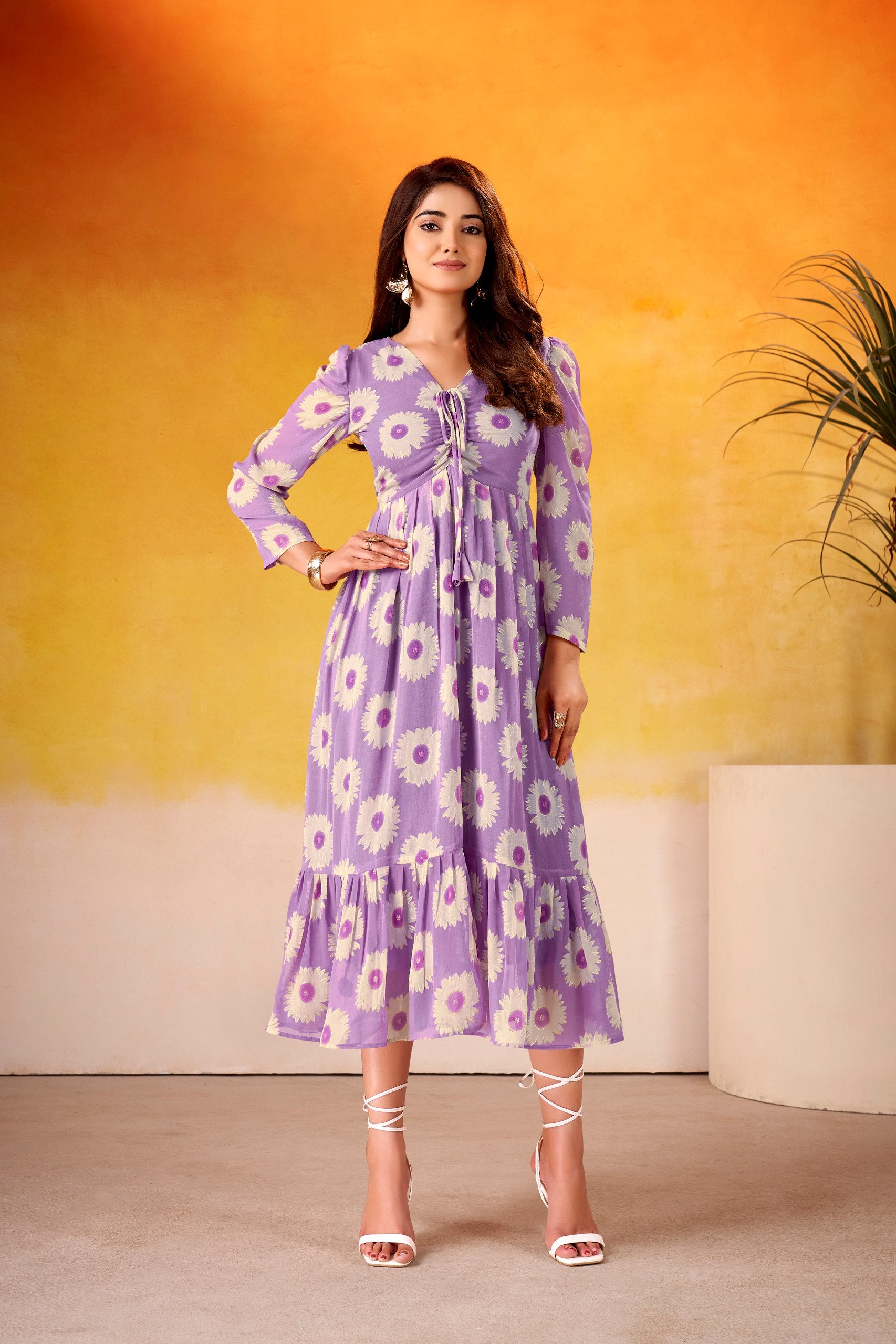Lavender Girlish Frock - Floral Print Midi Gown | Nardev Fashion