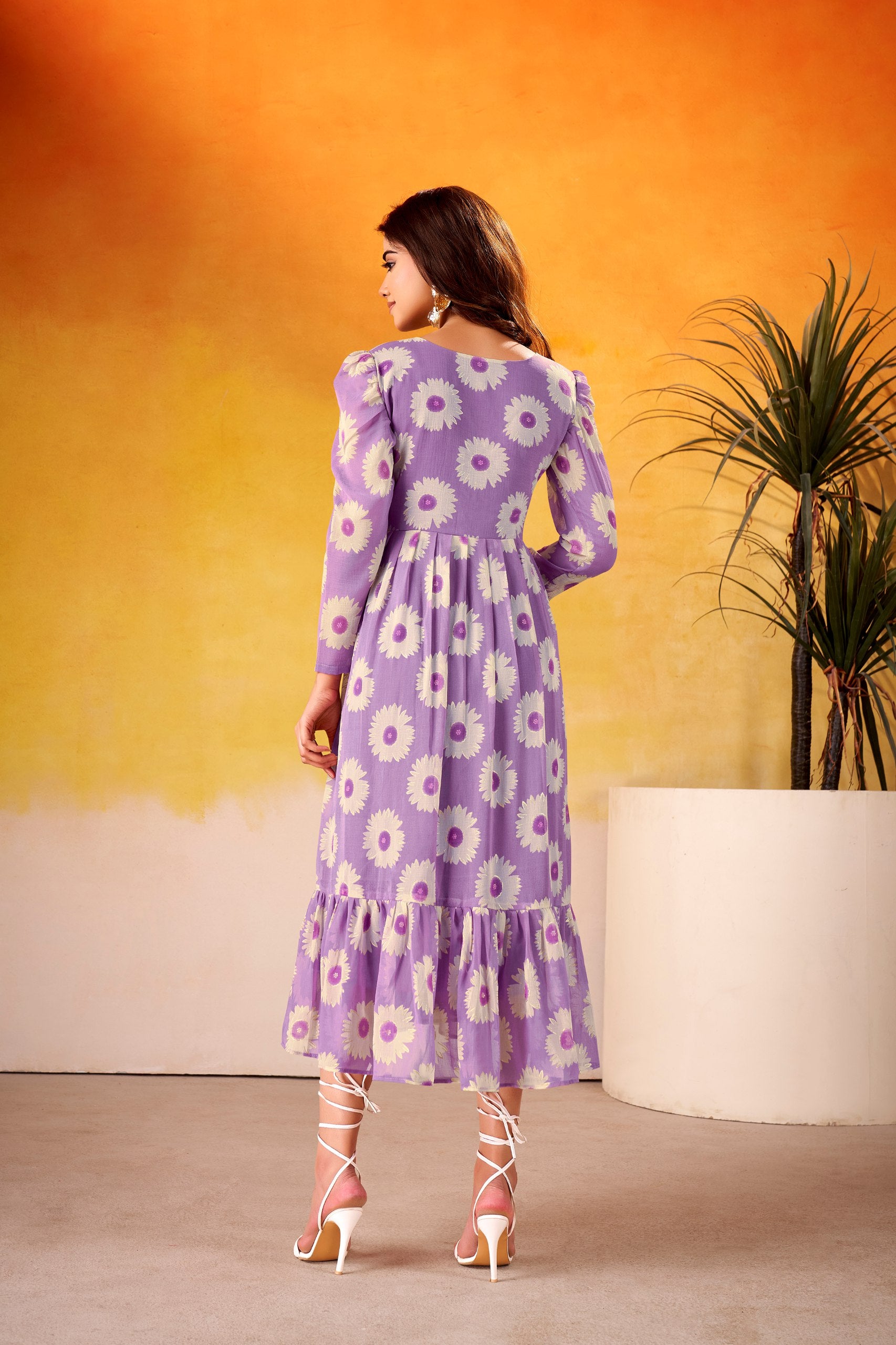Lavender Girlish Frock - Floral Print Midi Gown | Nardev Fashion