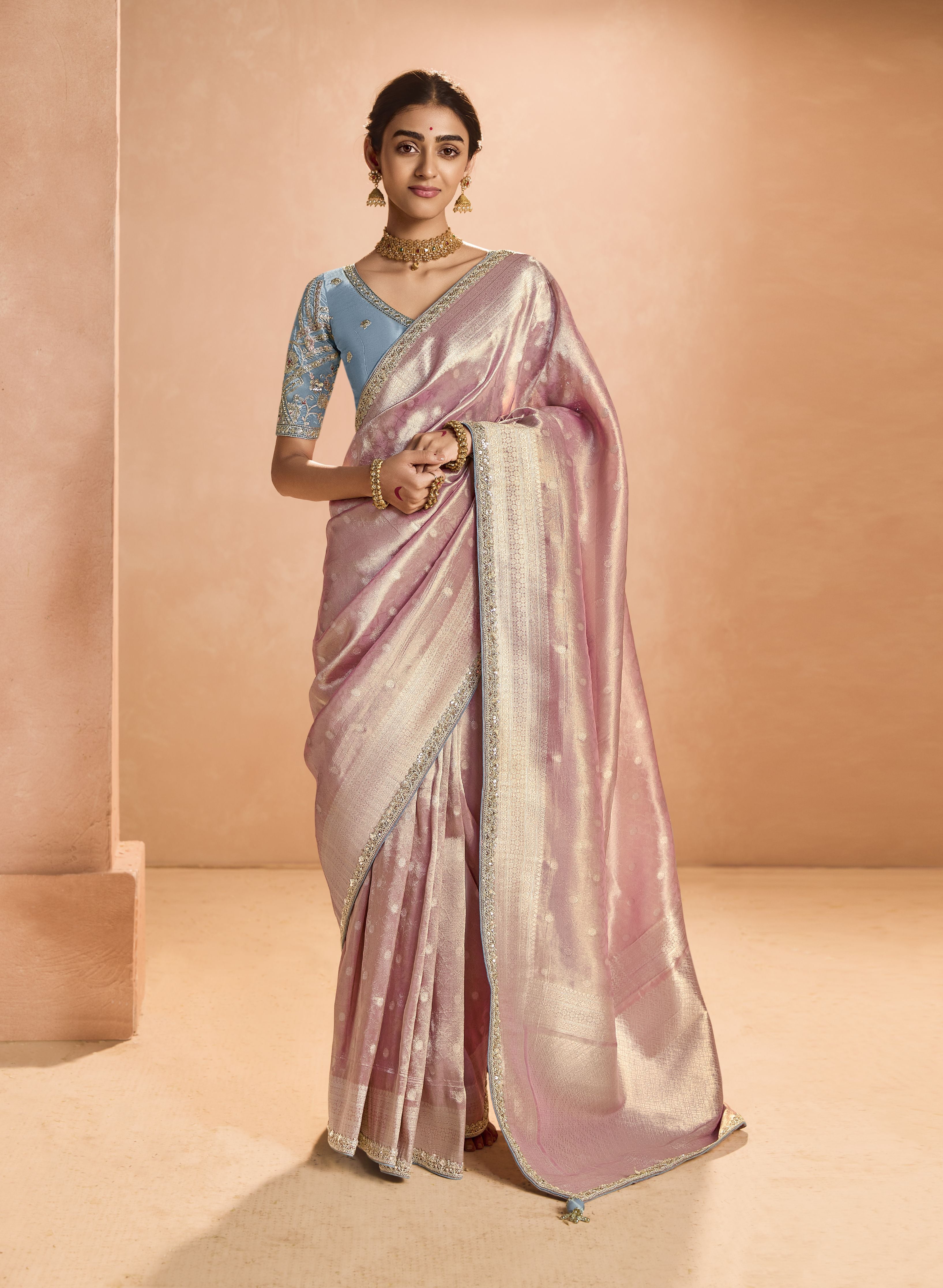 Light Pink Festival Wear Tissue Silk Saree