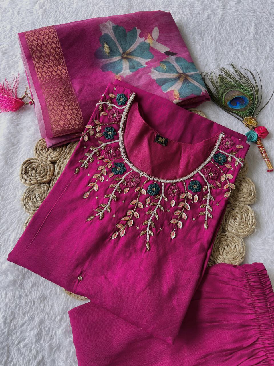 Magenta Handwork Kurti Pant Dupatta Set