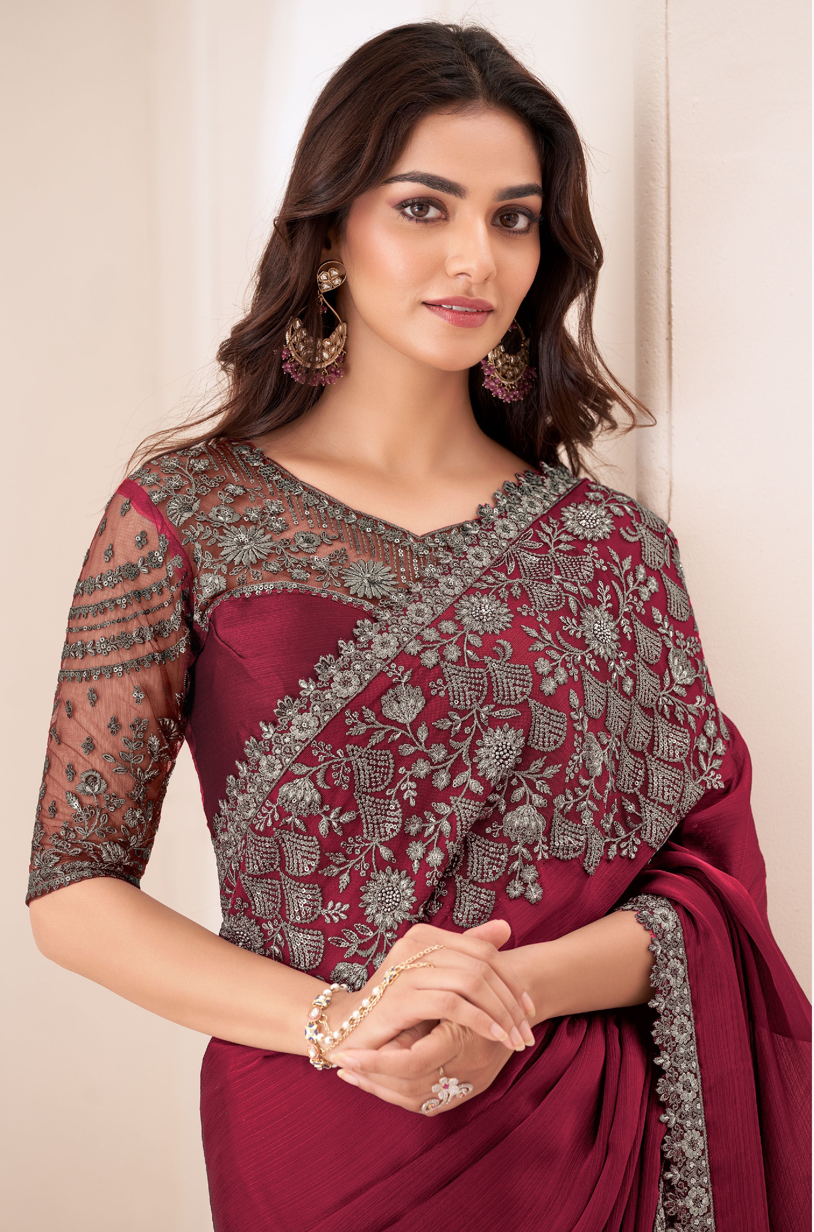 Maroon Partywear Saree with Designer Blouse TFH SANDALWOOD 1309D-2