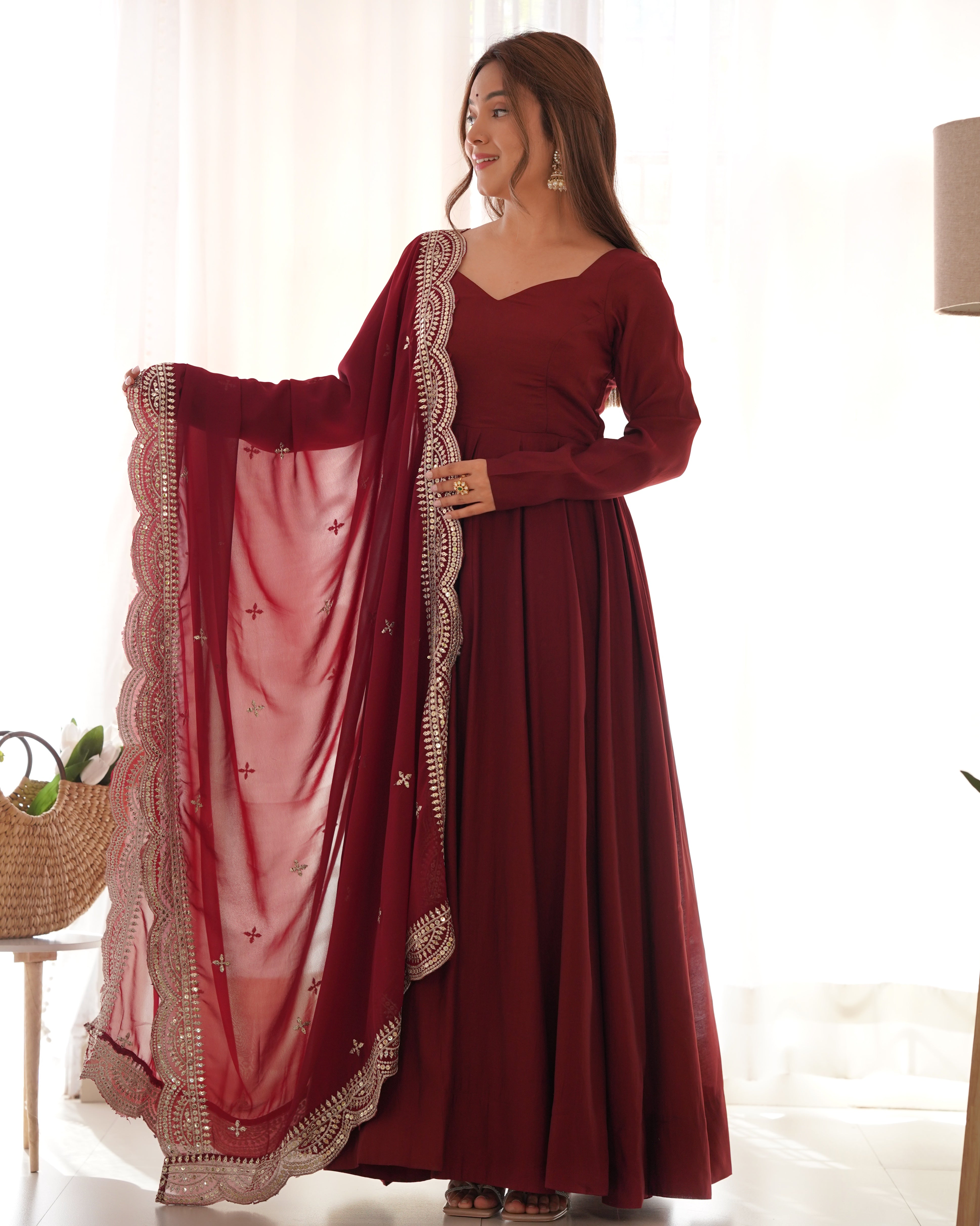 Maroon Anarkali Gown Dupatta Pant Set