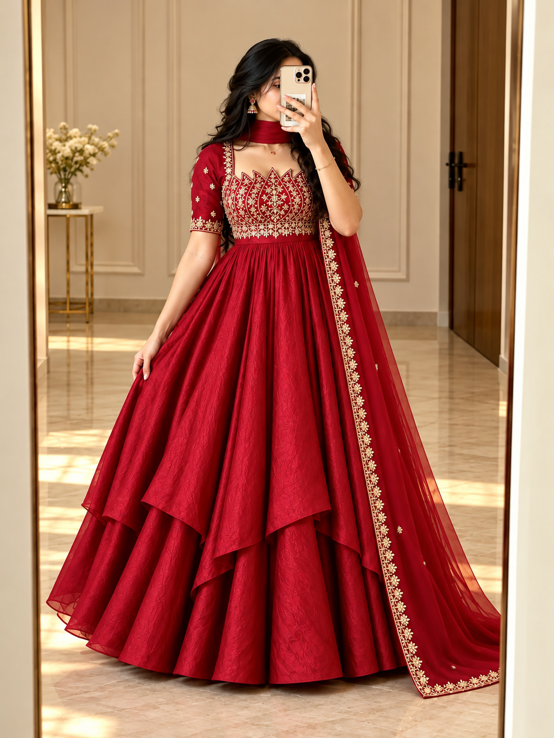 Wine Red Crush Silk Embroidered Anarkali Gown Set with Net Dupatta