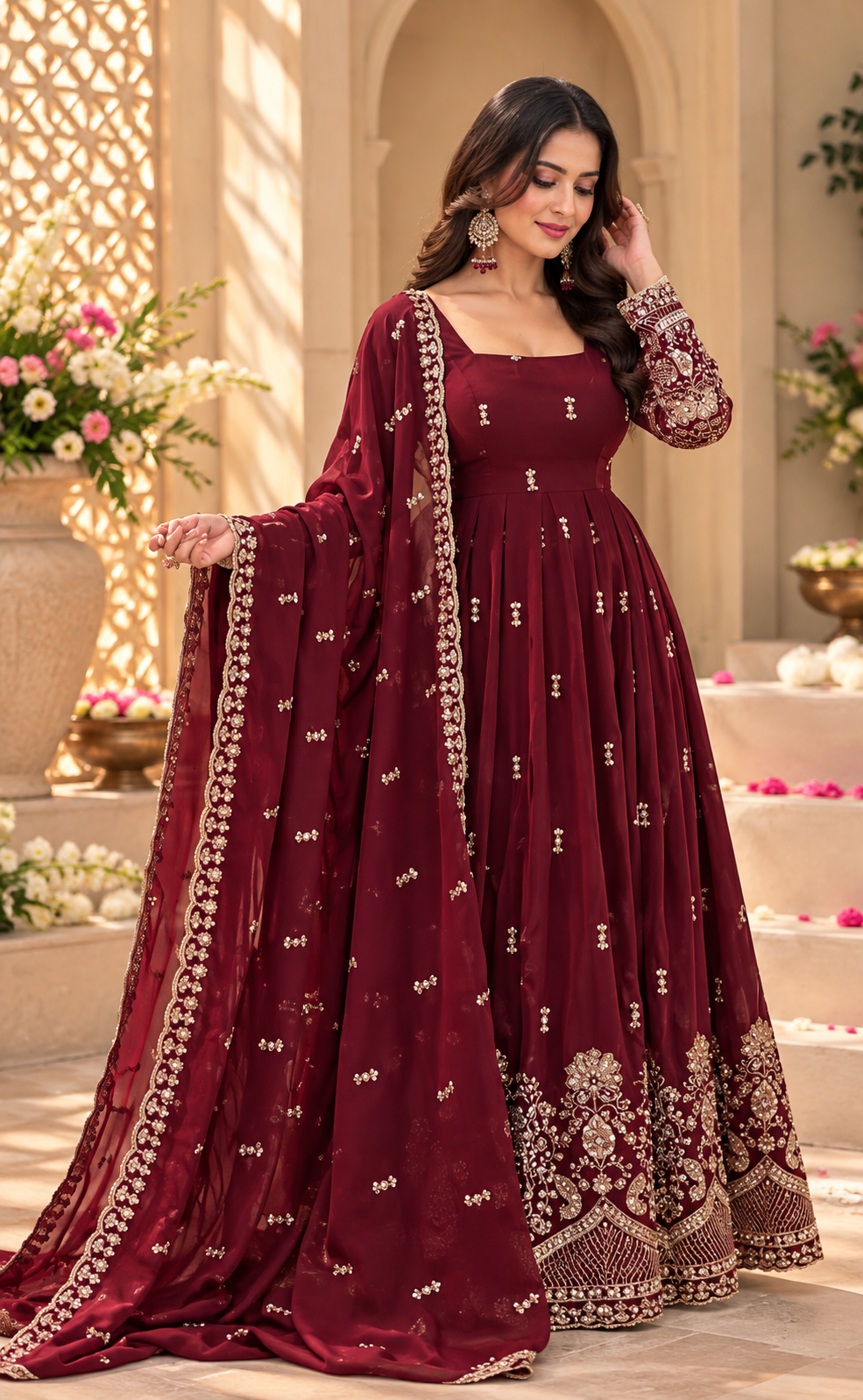 Wine Maroon Fendy Silk Sequence Embroidered Anarkali Gown Set with Dupatta