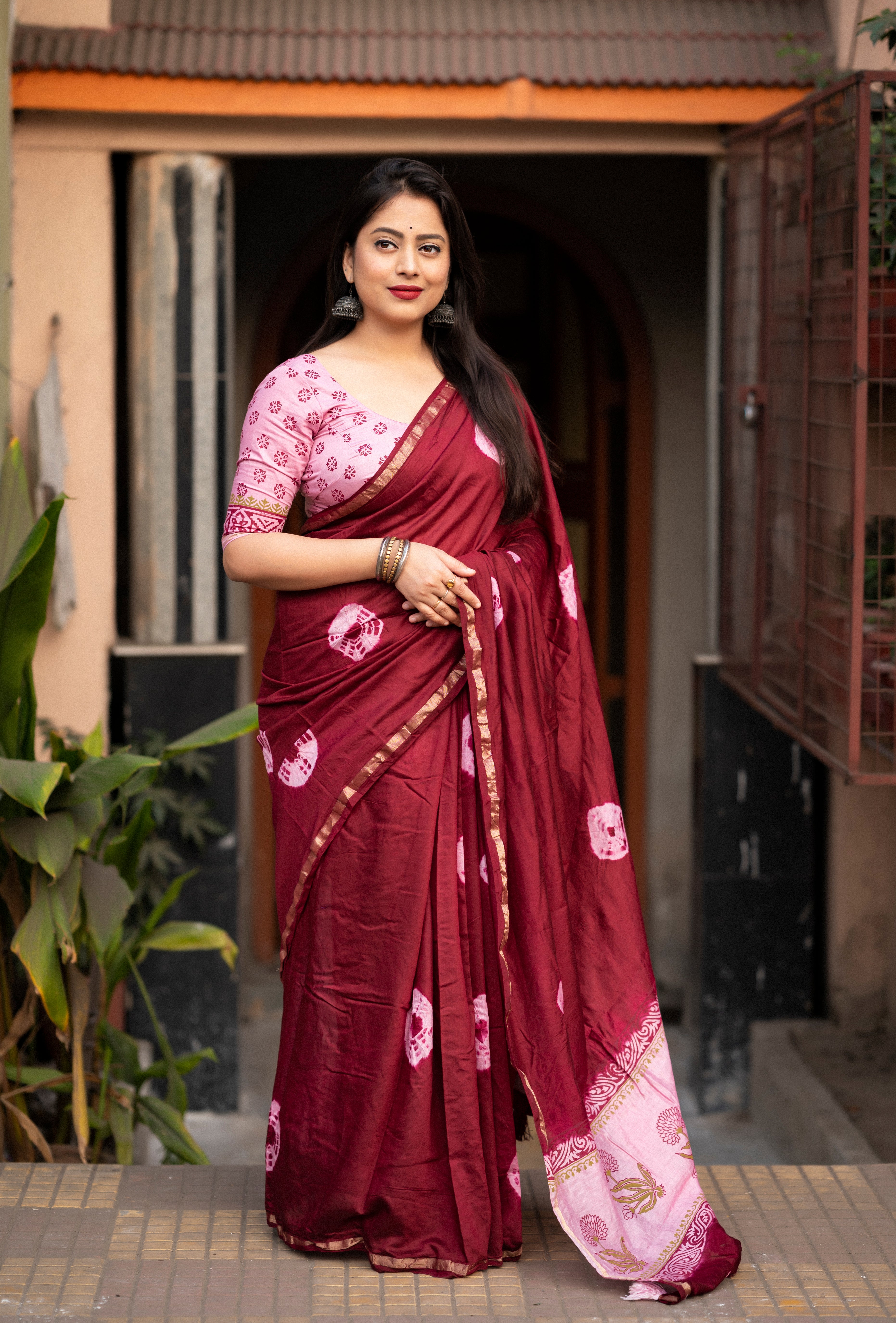 Maroon Chanderi Cotton Shibori Print Sari