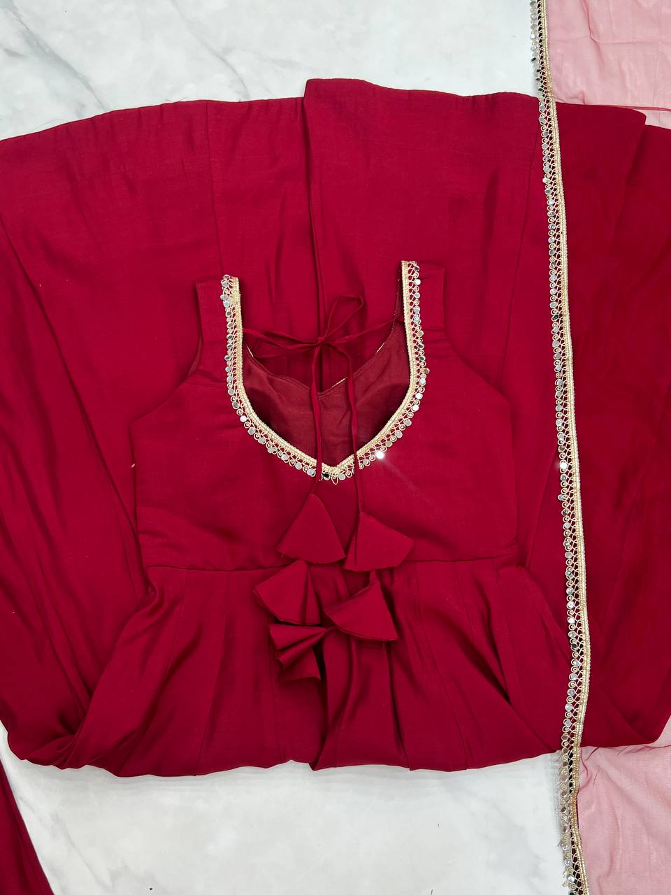 Maroon Color Roman Silk Chanderi Anarkali Gown Set - Aarti Chauhan