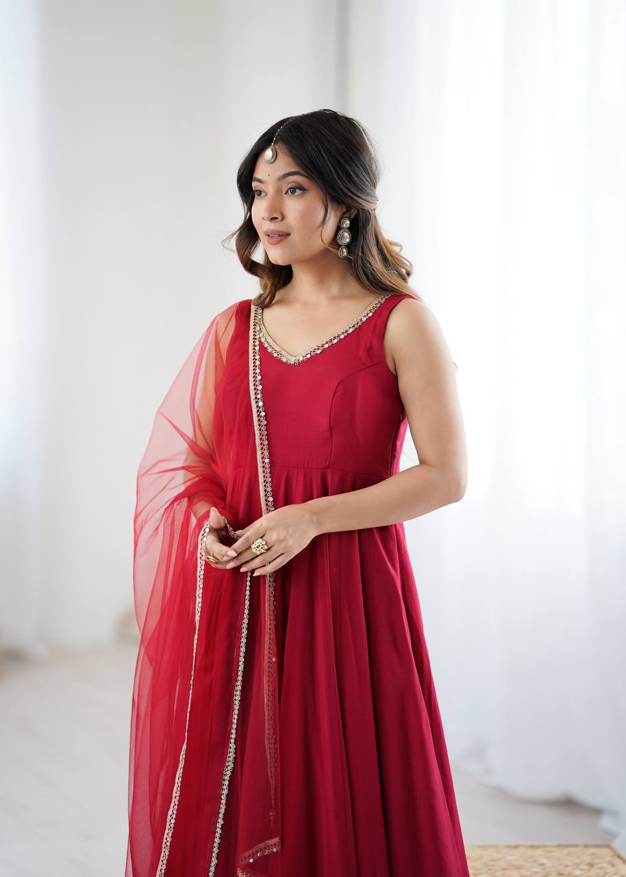 Maroon Color Roman Silk Chanderi Anarkali Gown Set - Aarti Chauhan
