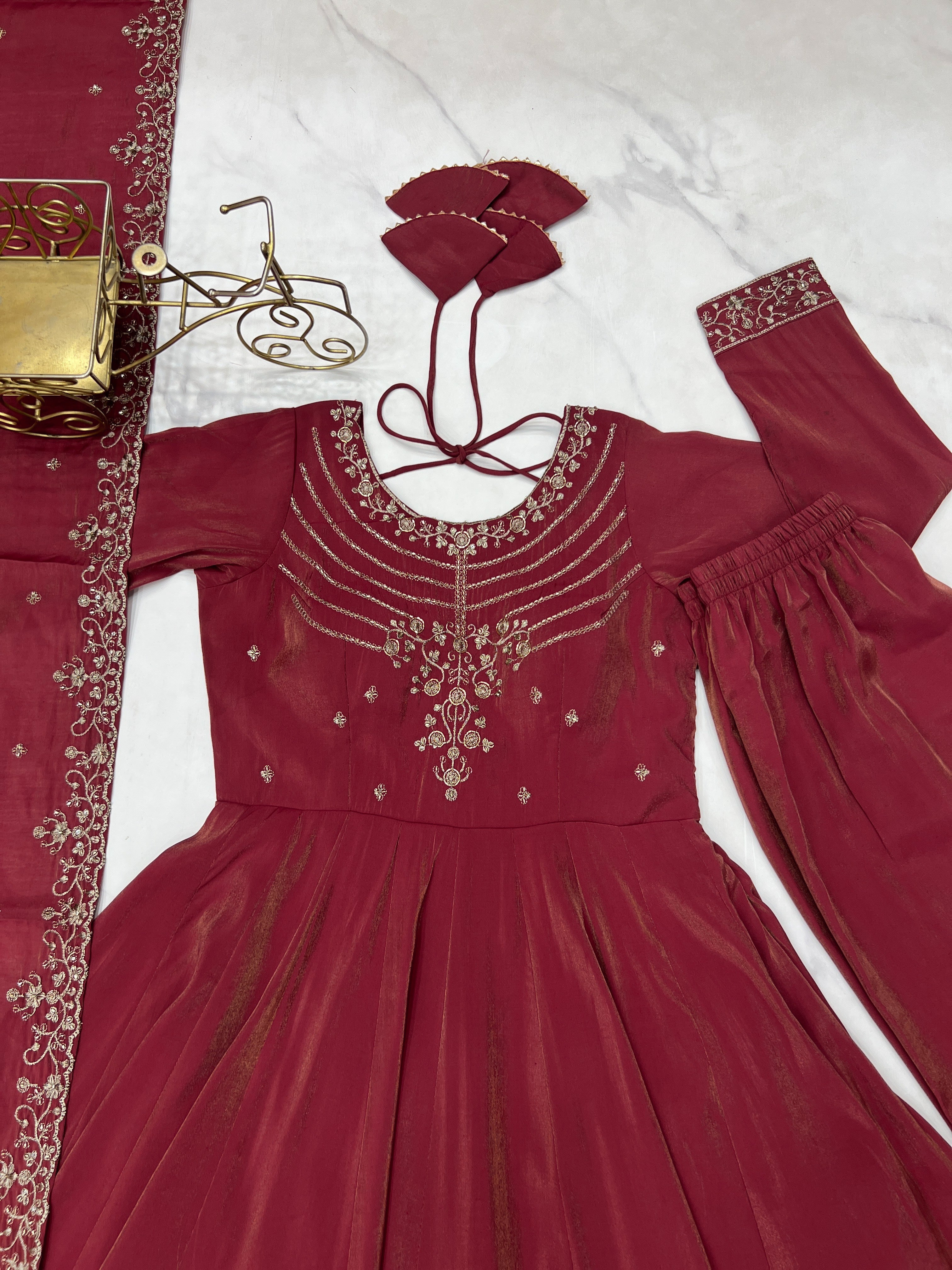 Maroon Color Shimmer Chanderi Anarkali Gown Set - Aarti Chauhan