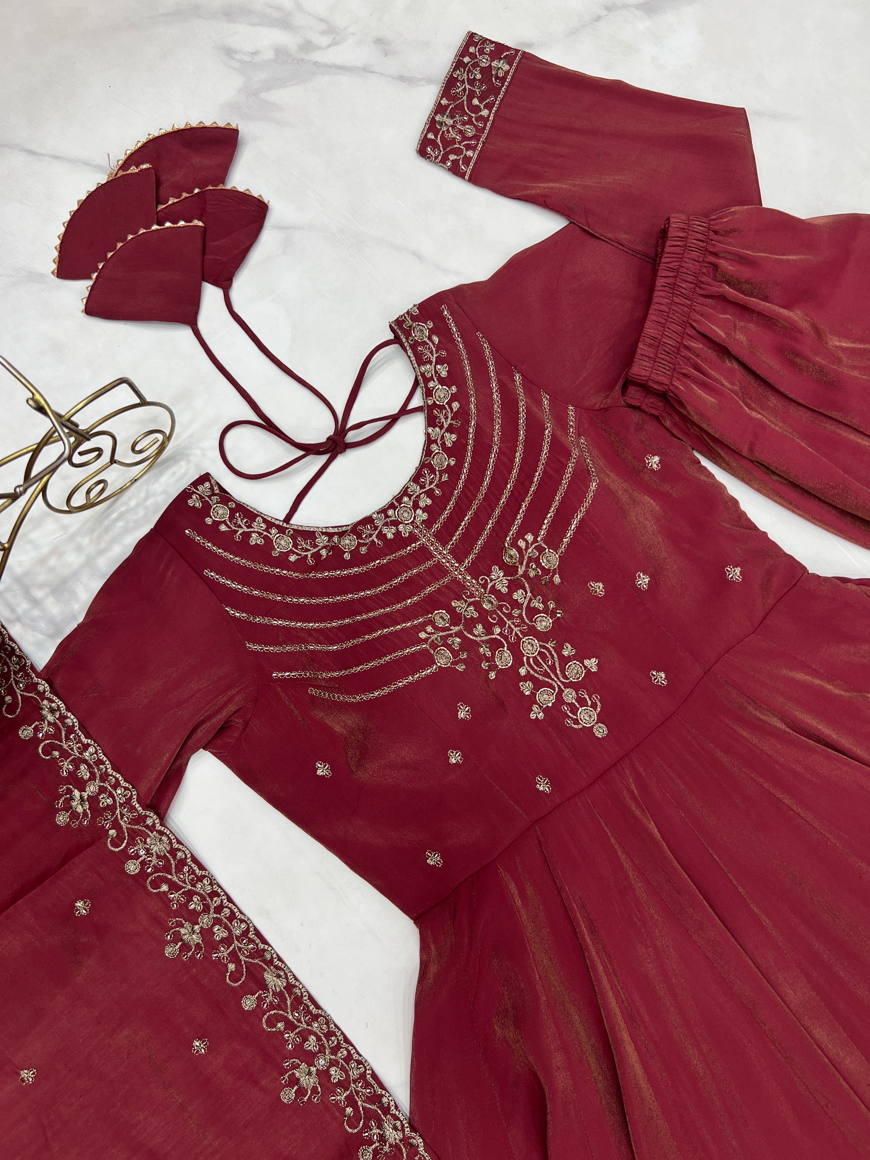 Maroon Color Shimmer Chanderi Anarkali Gown Set - Aarti Chauhan