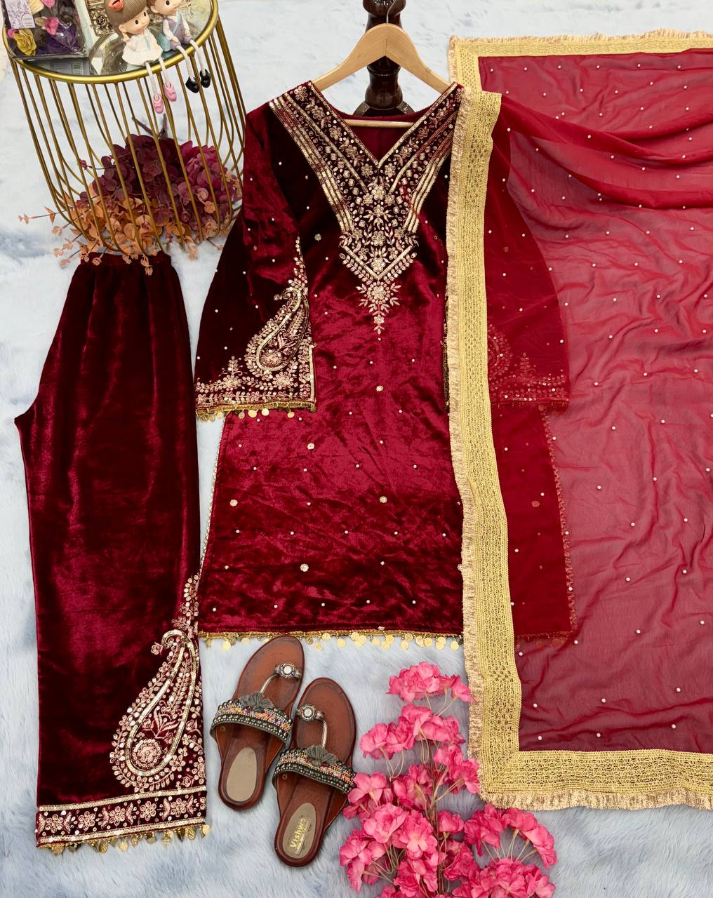 Maroon Color Winter Velvet Suit – Ready to Wear (M–XXL) | Nardev Fashion