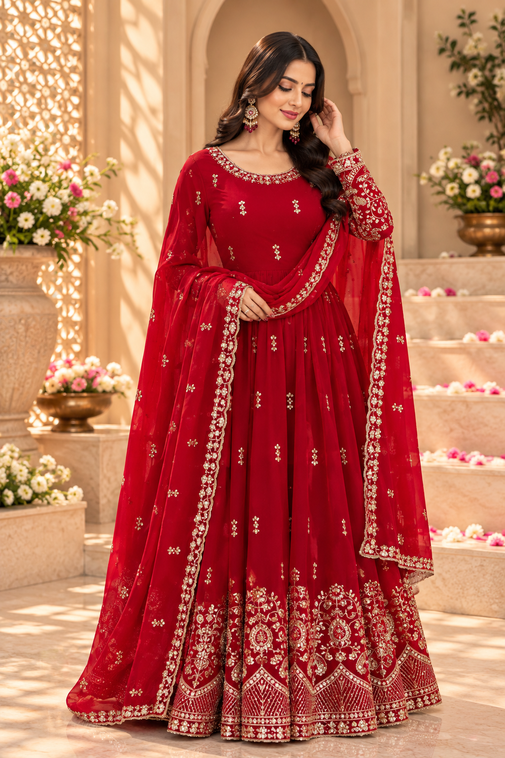 Ruby Red Fendy Silk Embroidered Anarkali Gown Suit Set with Dupatta