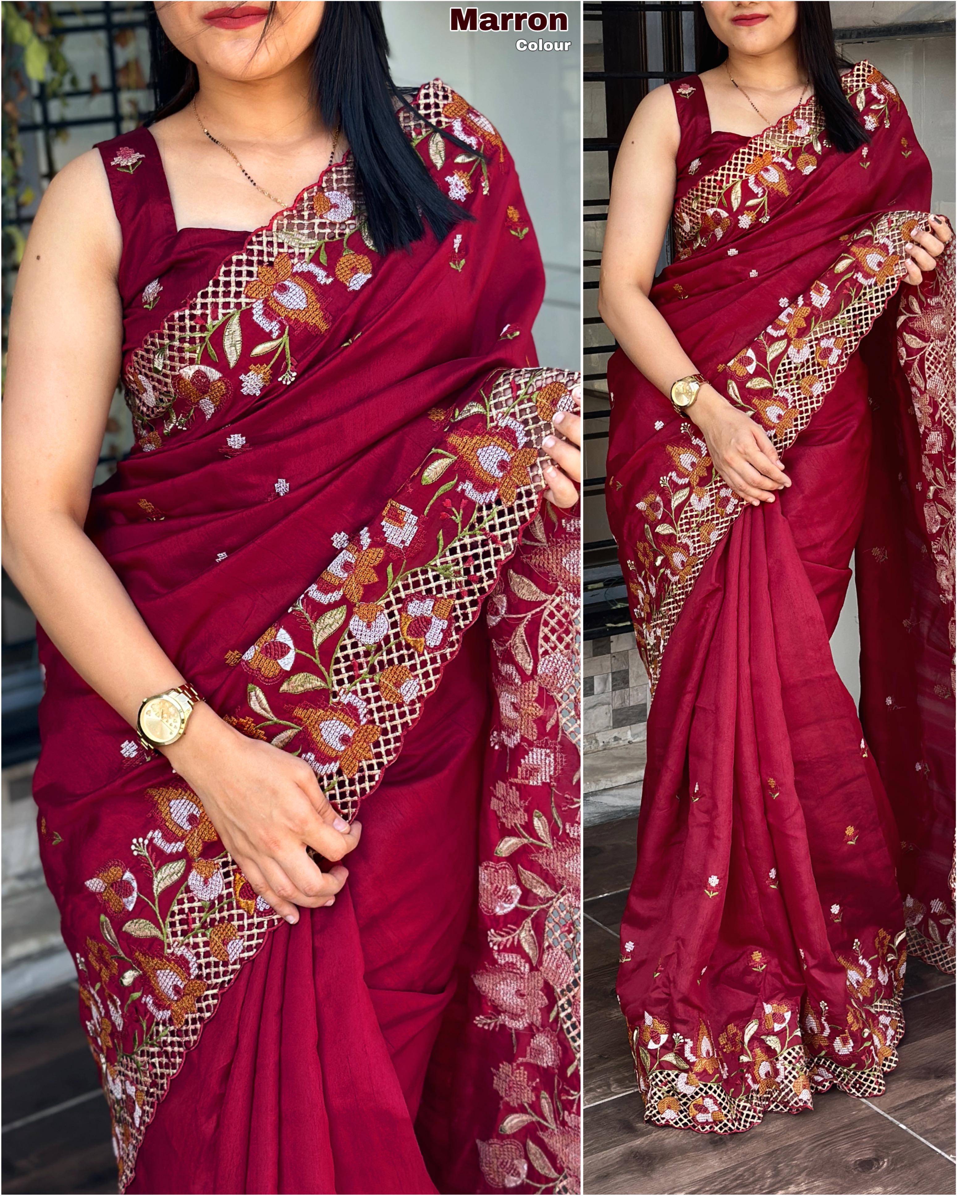 Maroon Partywear Embroidery Cutwork Saree