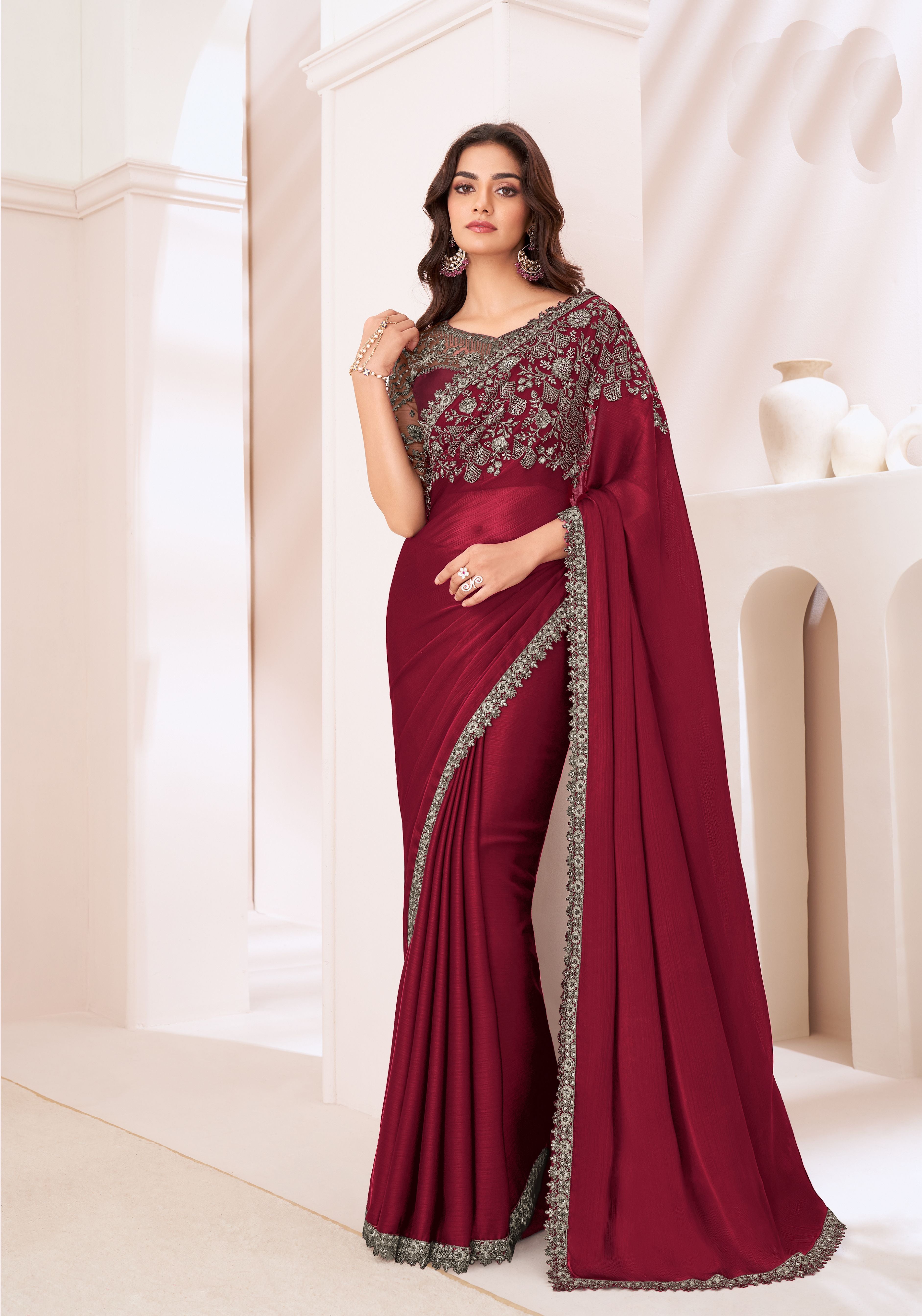 Maroon Partywear Saree with Designer Blouse