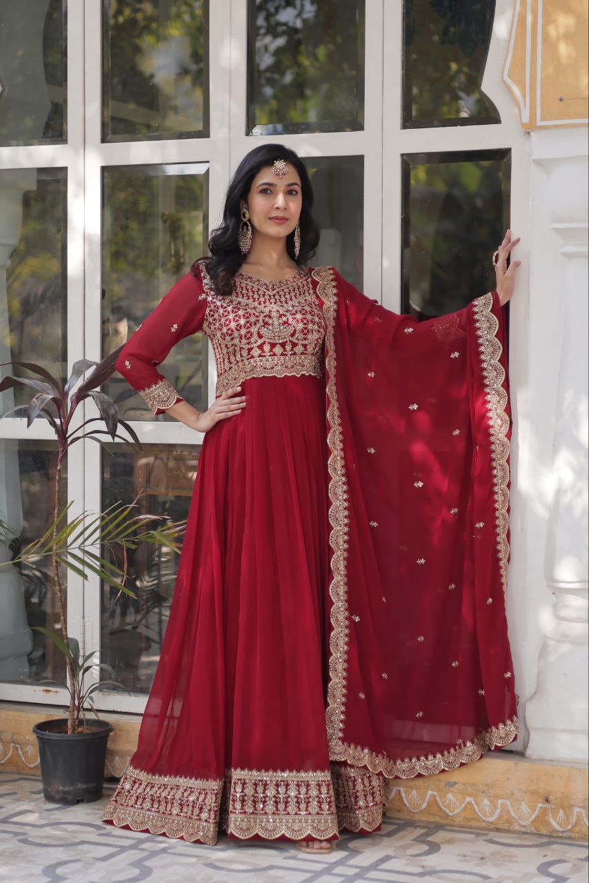 Maroon Readymade Blooming with Embroidery Zari Gown