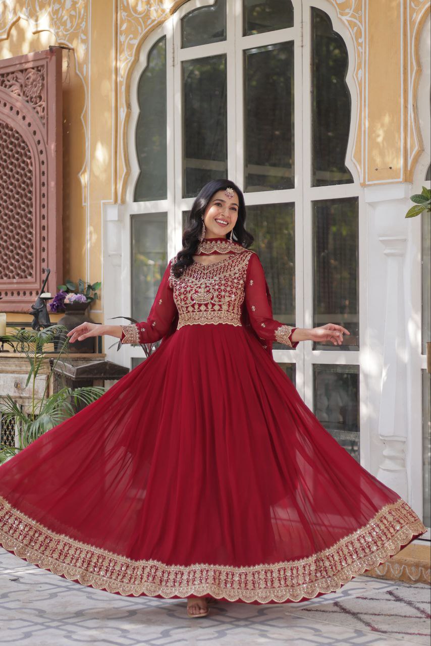 Maroon Readymade Blooming with Embroidery Zari Gown