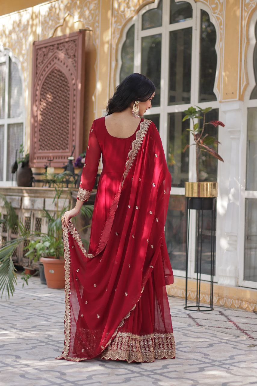 Maroon Readymade Blooming with Embroidery Zari Gown