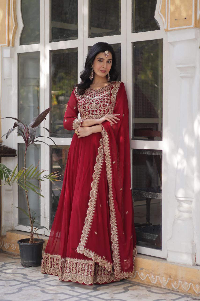 Maroon Readymade Blooming with Embroidery Zari Gown