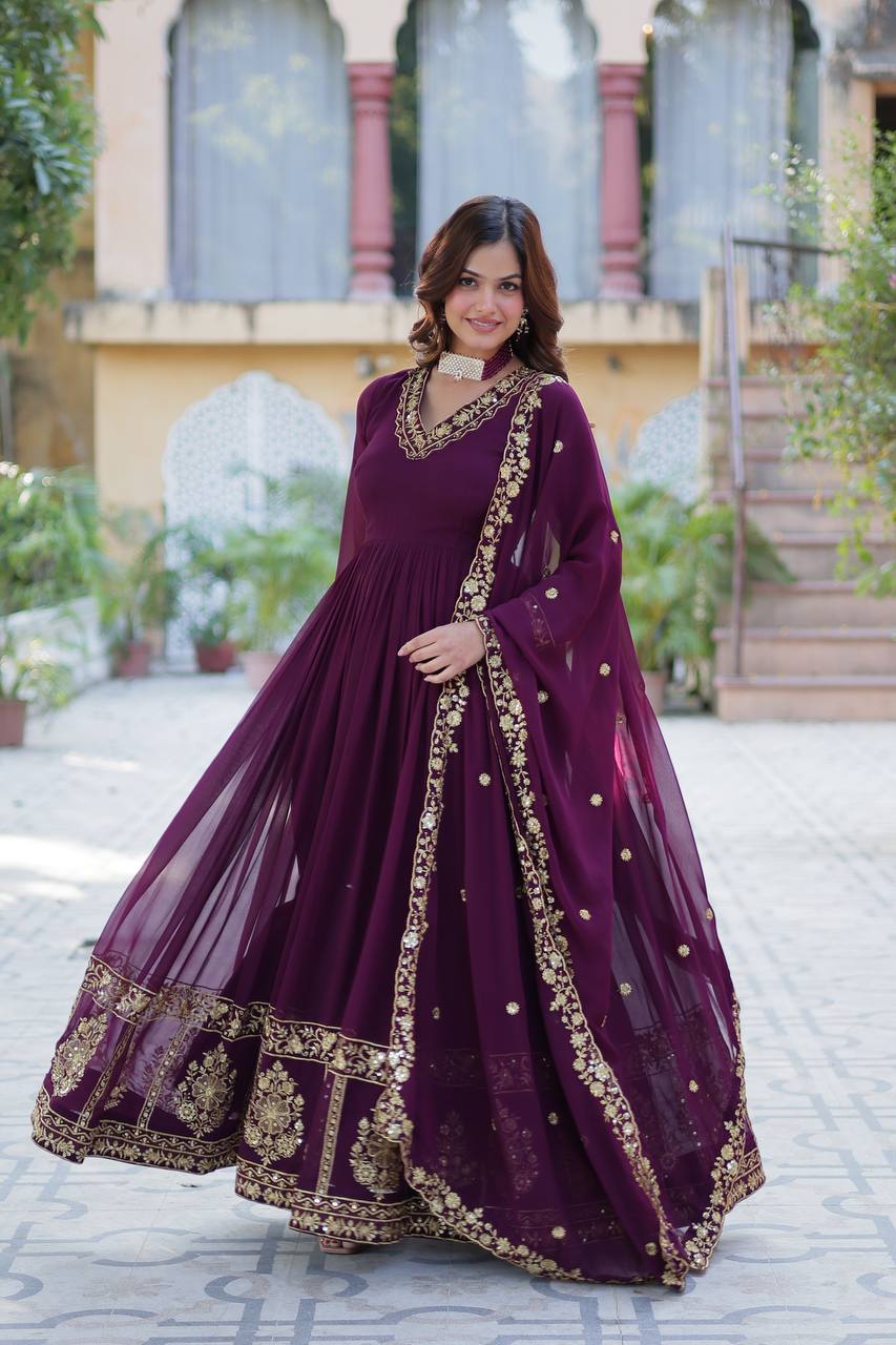 Maroon Readymade Georgette Long Gown