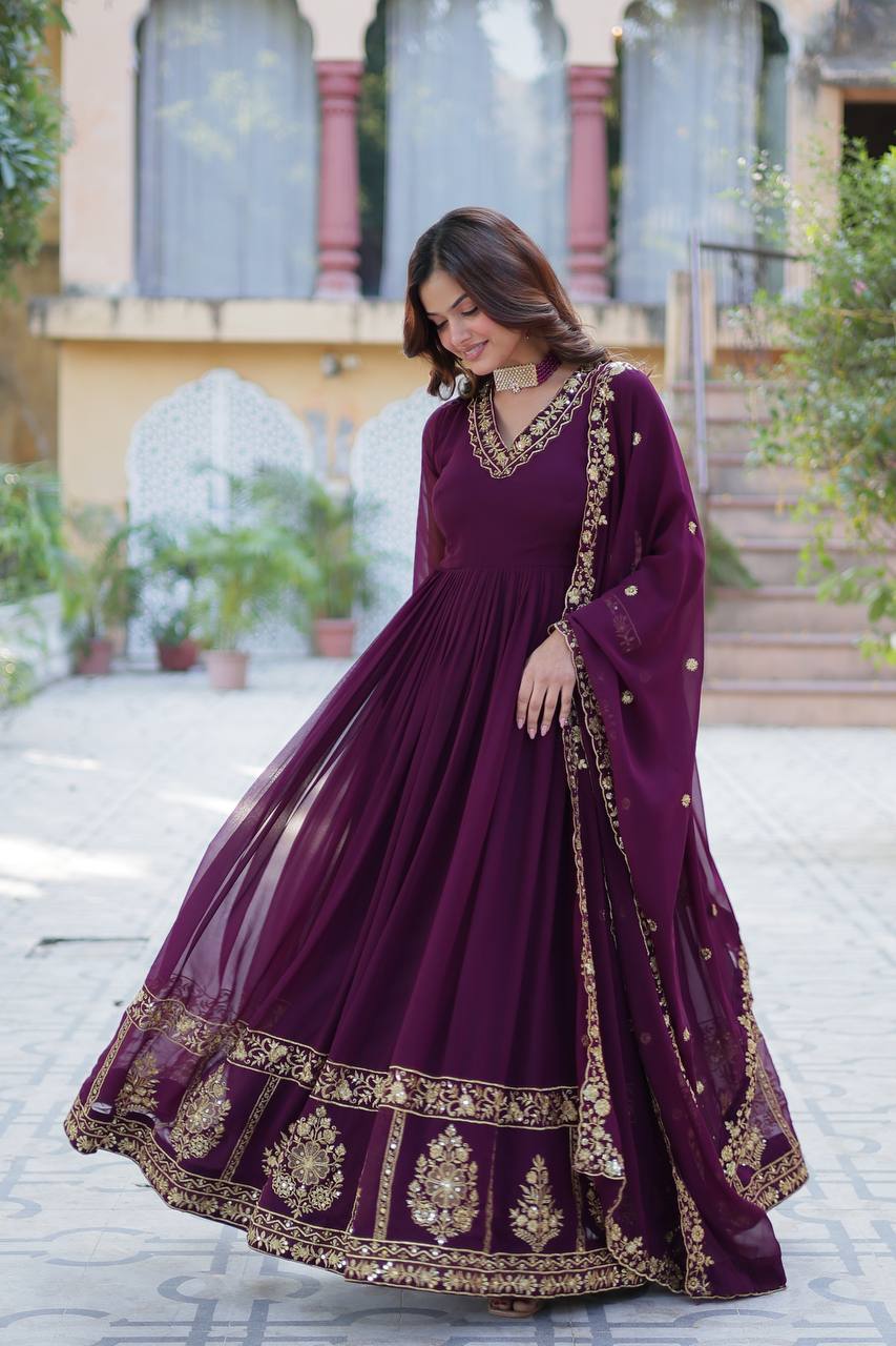 Maroon Readymade Georgette Long Gown