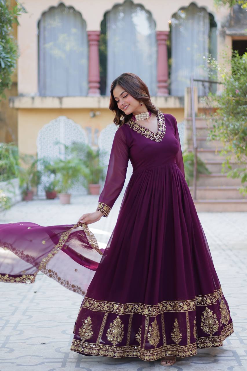 Maroon Readymade Georgette Long Gown