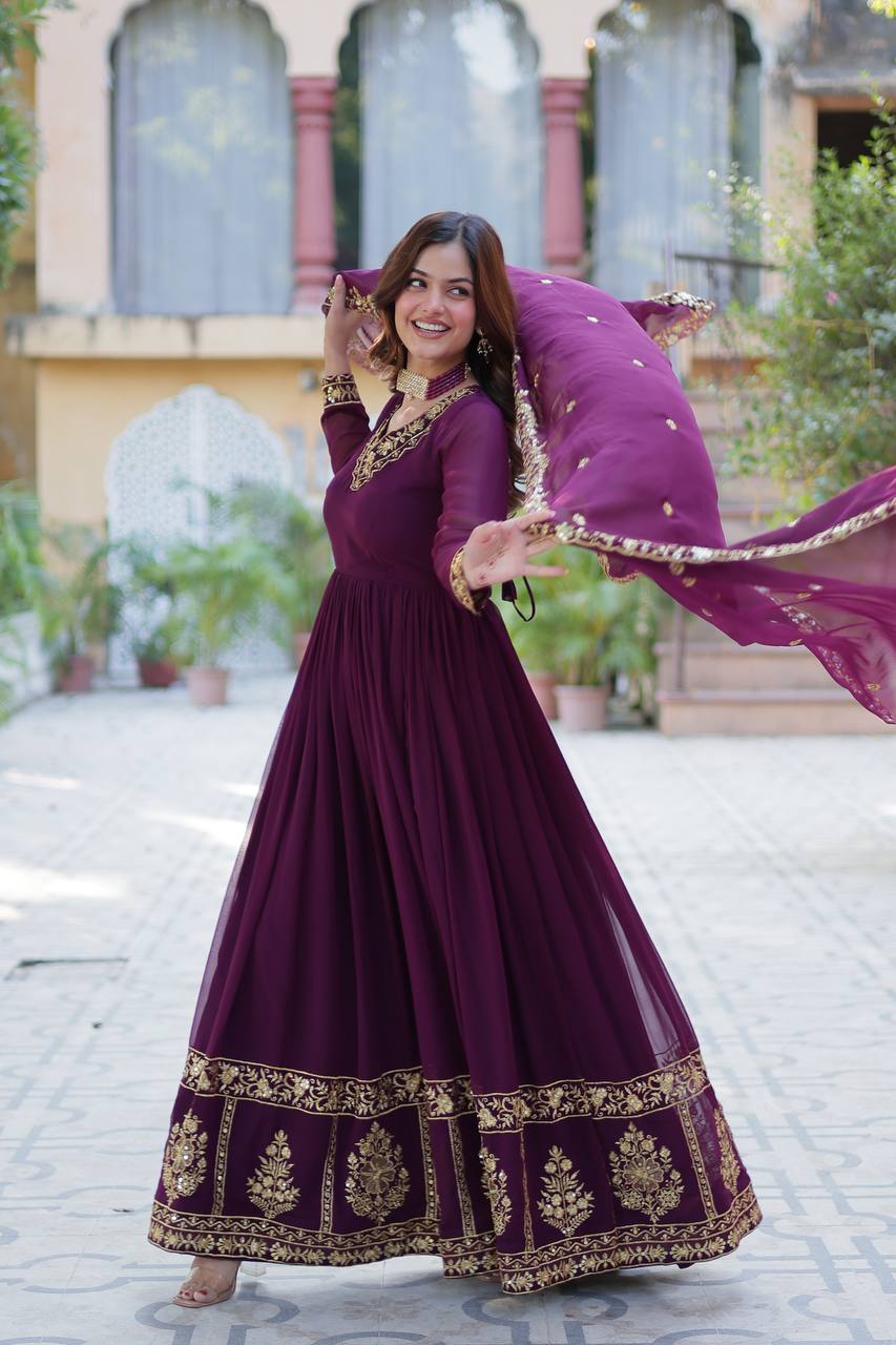 Maroon Readymade Georgette Long Gown