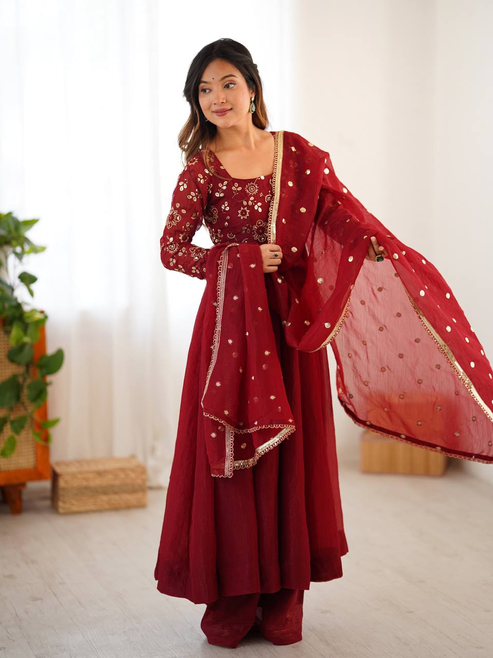 Maroonish Pink Color Flaired Anarkali Dress | Nardev Fashion