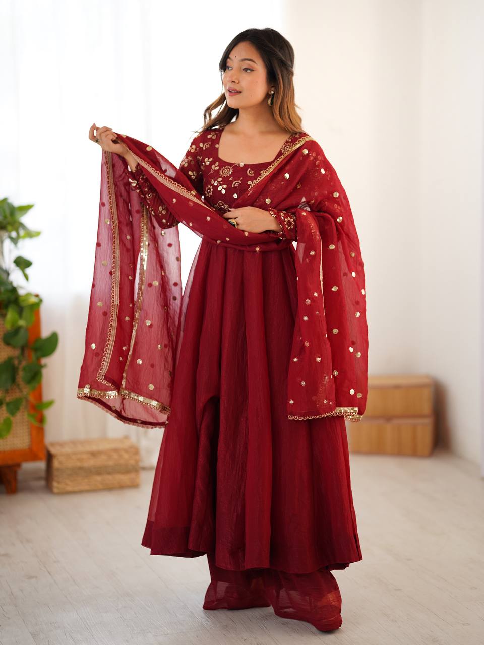 Maroonish Pink Color Flaired Anarkali Dress | Nardev Fashion