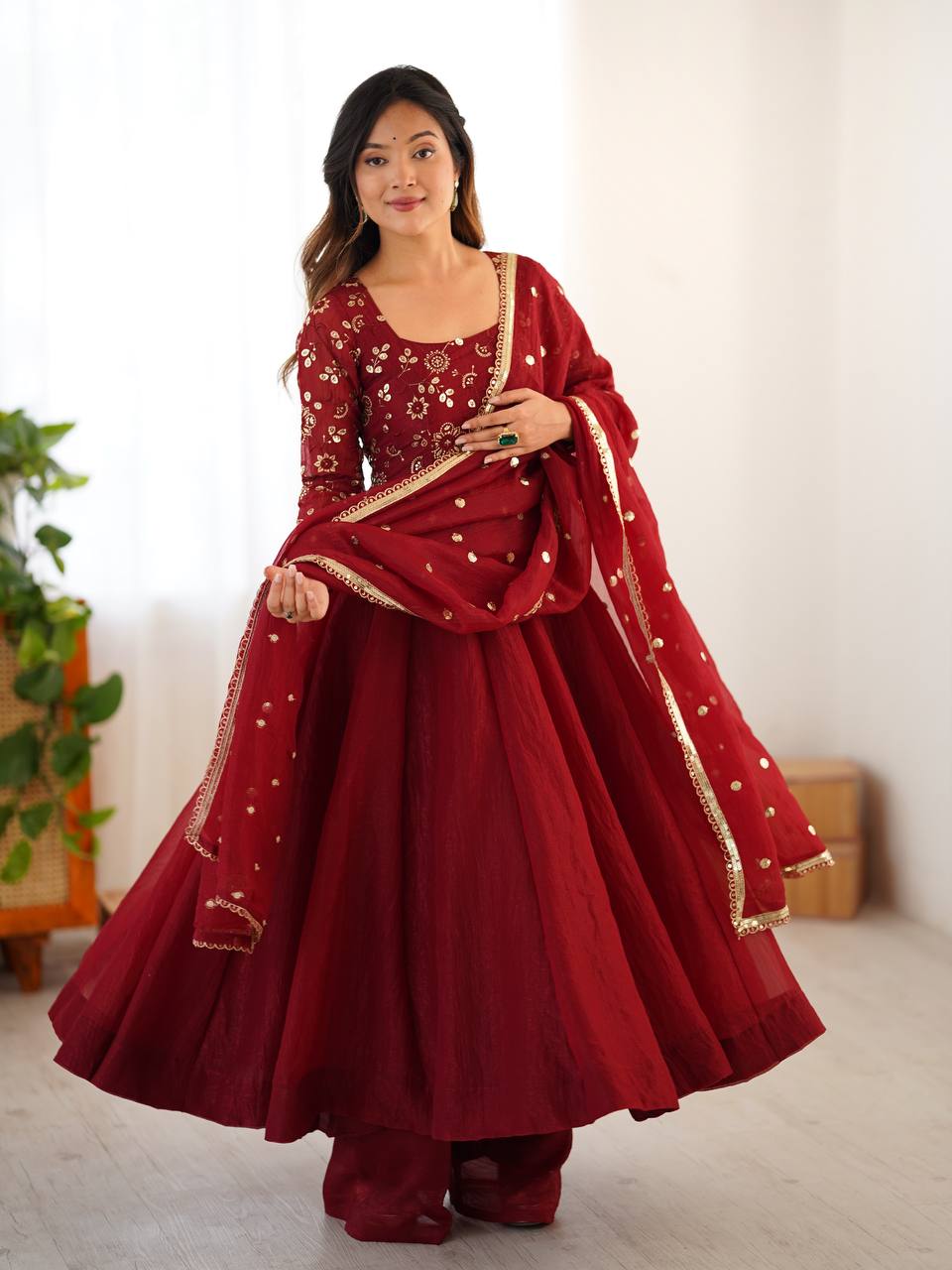 Maroonish Pink Color Flaired Anarkali Dress | Nardev Fashion