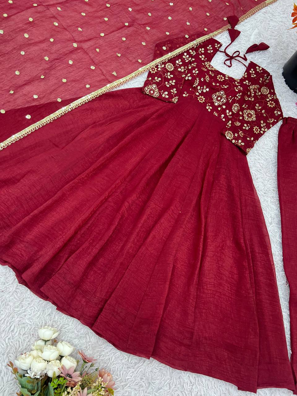 Maroonish Pink Color Flaired Anarkali Dress | Nardev Fashion