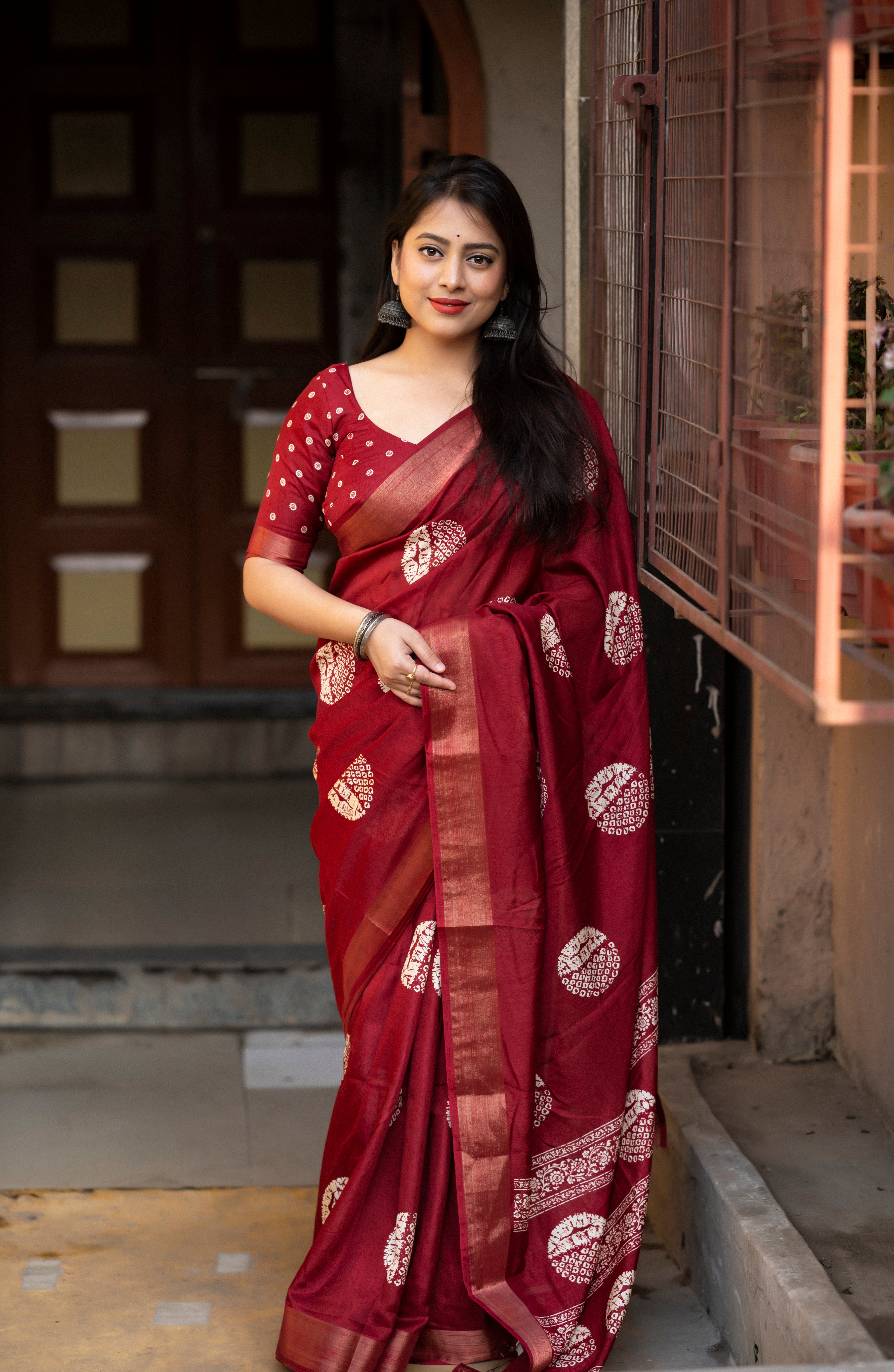 Marron Batik Printed Cotton Sari