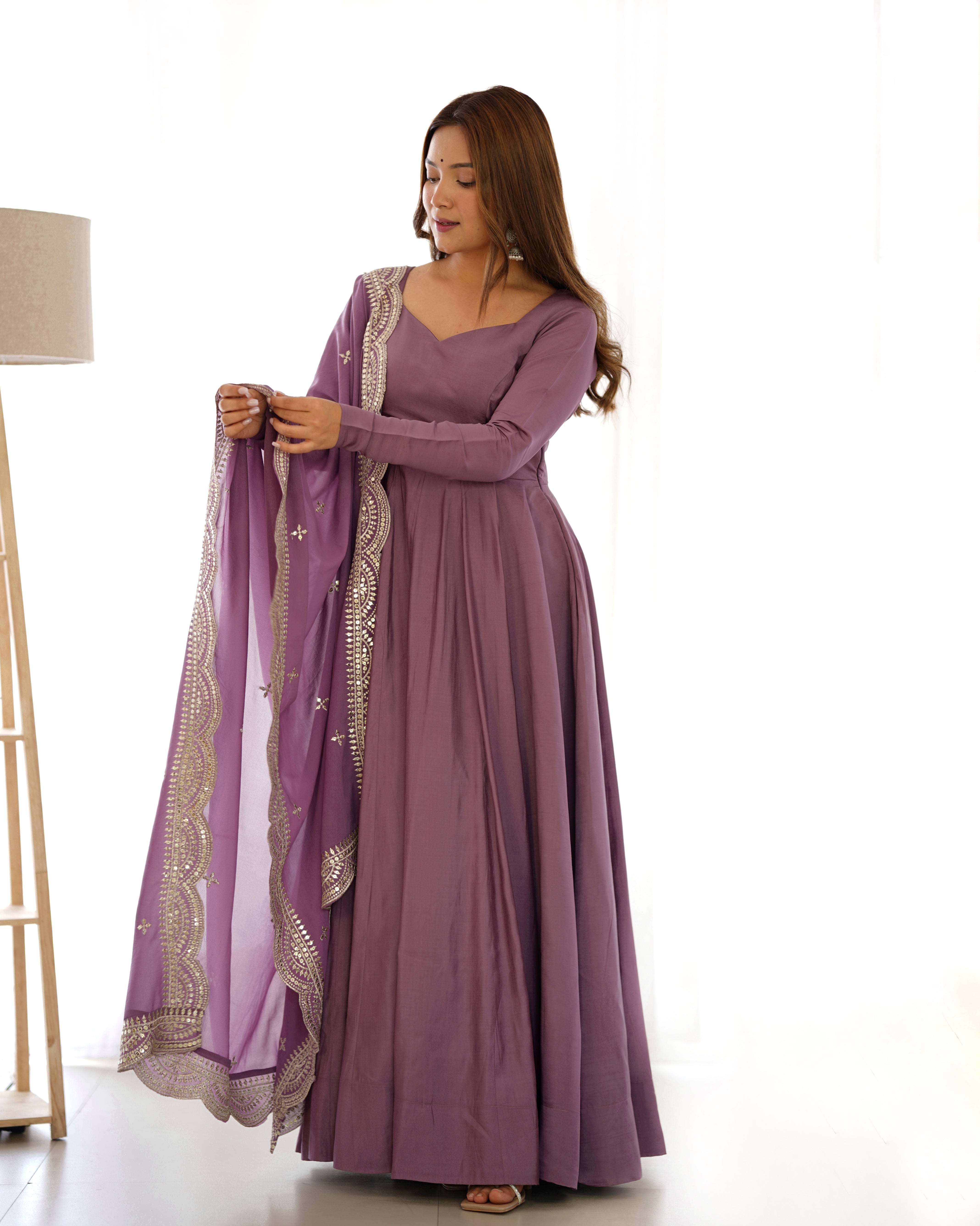 Mauve Pink Anarkali Gown Dupatta Pant Set