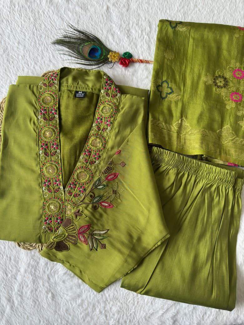 Mehandi Color Roman Silk Festival Kurta Set