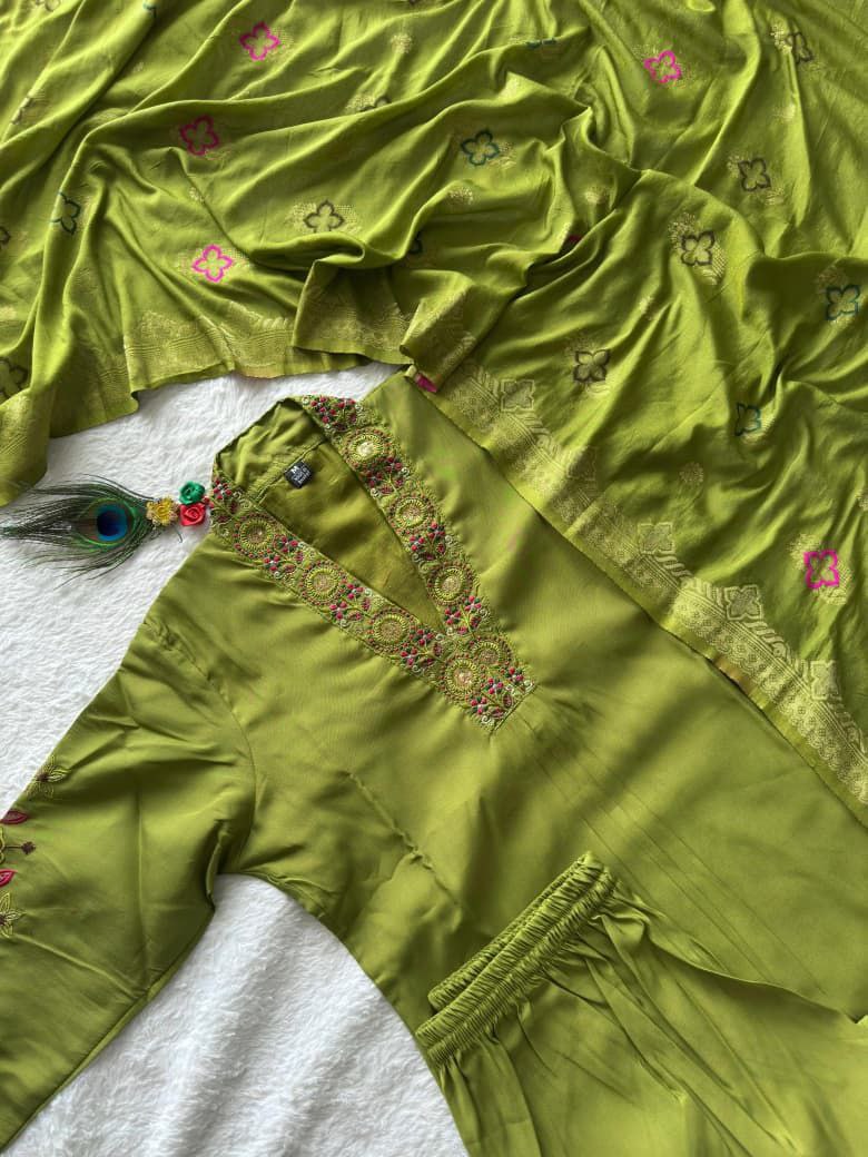 Mehandi Color Roman Silk Festival Kurta Set