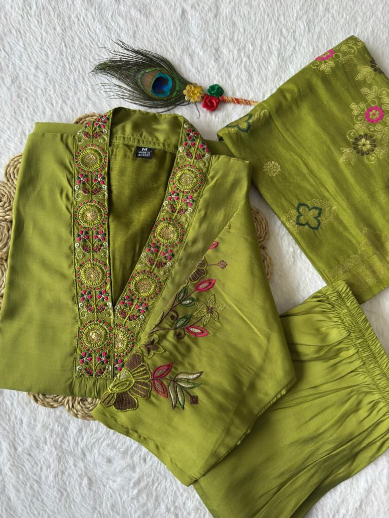 Mehandi Color Roman Silk Festival Kurta Set