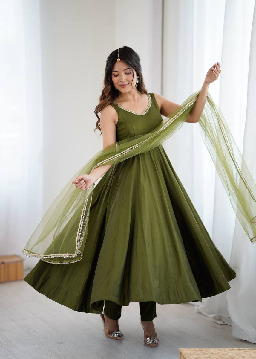 mehndi green colour dresses Luxury 5mm Sequins Embroidered Mehndi Green Chiffon Maxi Dress